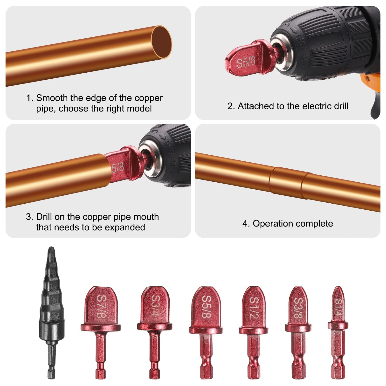 7Pcs Swaging Tool Drill Bit 1/4" 3/8" 1/2" 5/8" 3/4" 7/8" w 5 in 1 Flaring Tool 3