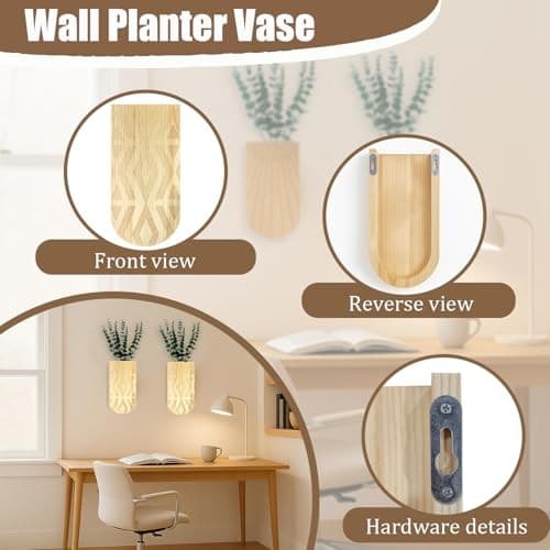 2 Pack Boho Wood Wall Planter with Faux Eucalyptus Plants | Modern Brown-c 5