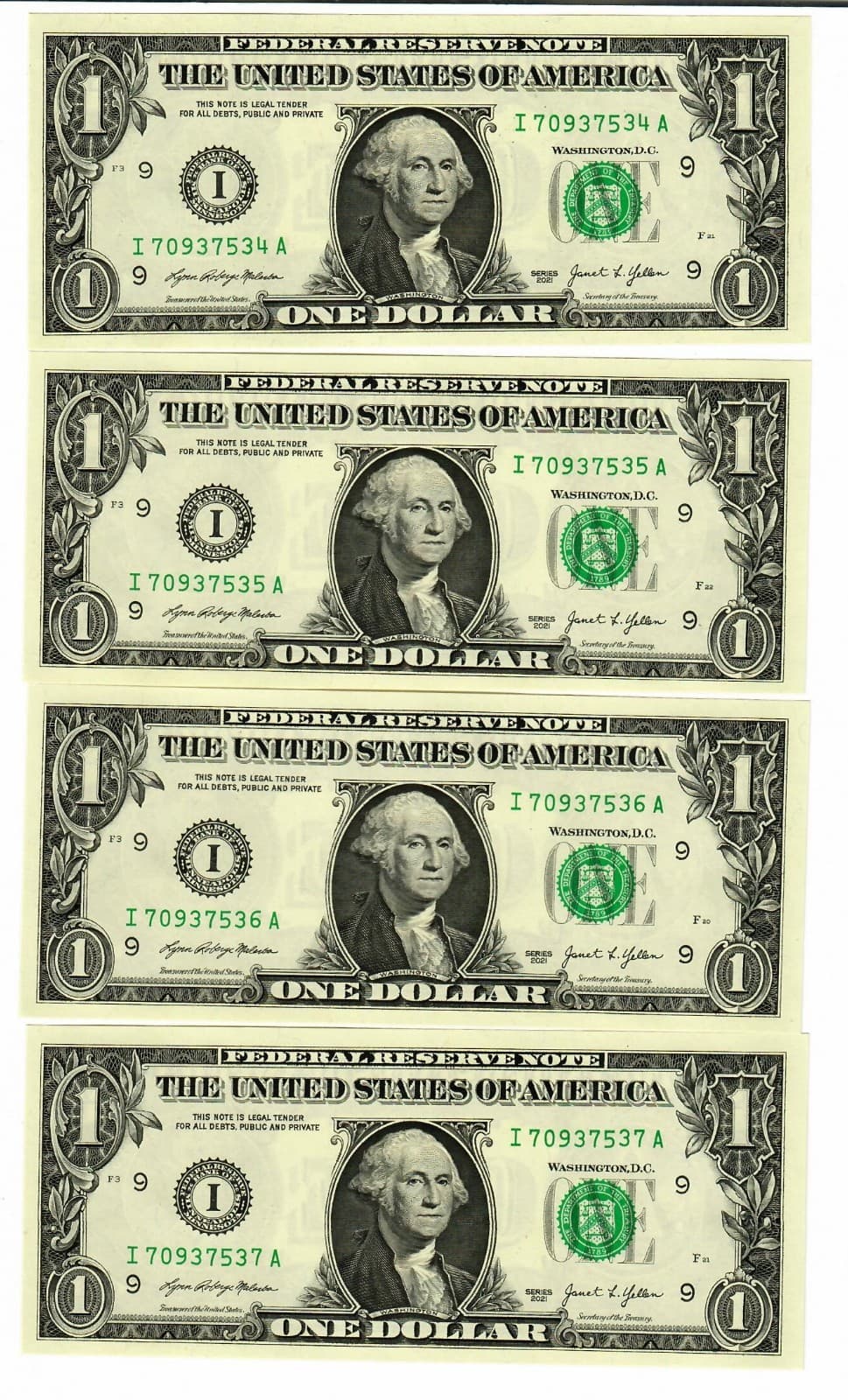 Consecutive Uncirculated $1 series 2021 half pack last 2 digit slightly raised 4