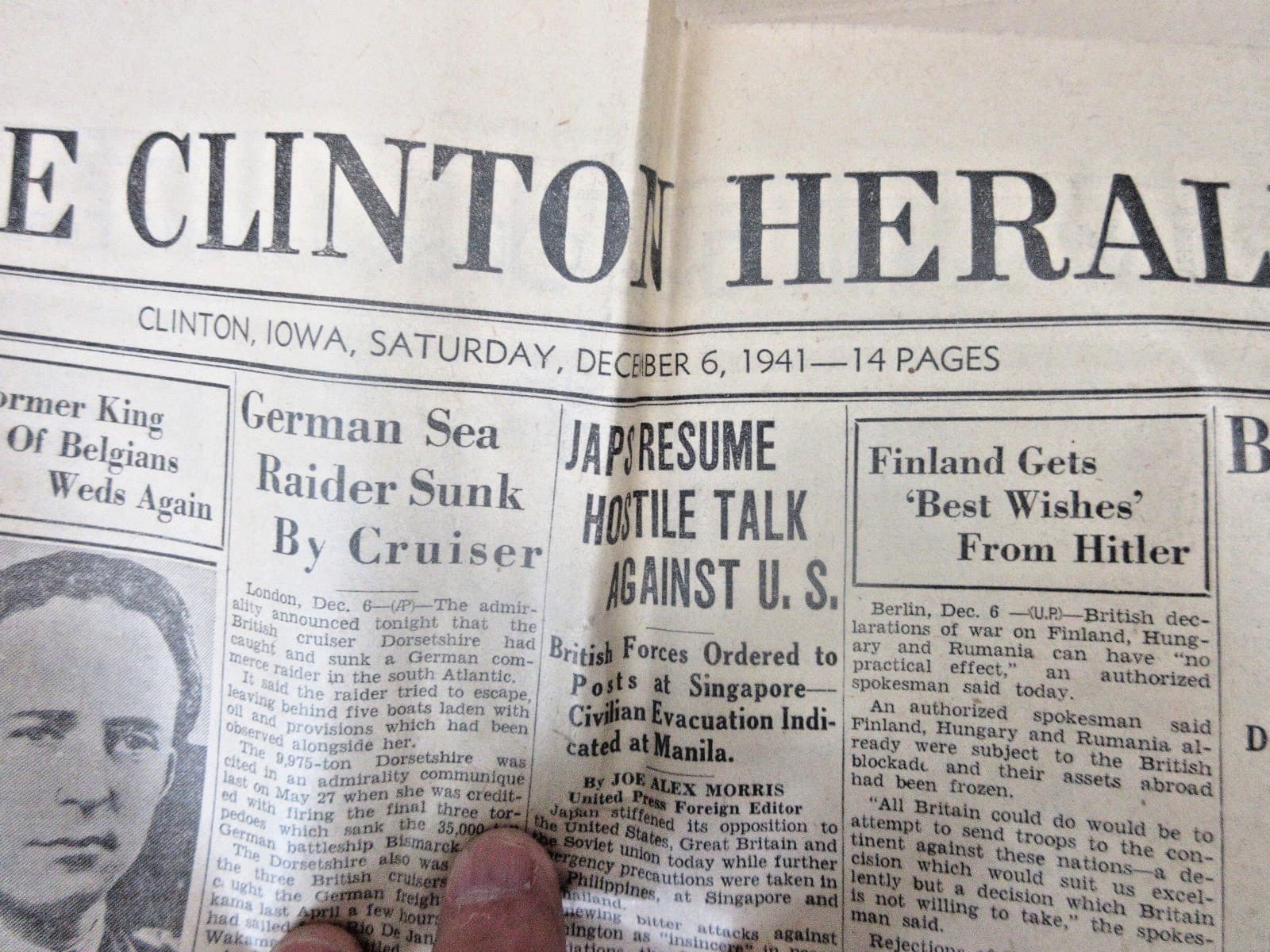 Newspaper WW2 Clinton Hearald Iowa 12/6/1941 "JAPS HOSTILE " PRE-PEARL HAROR 2