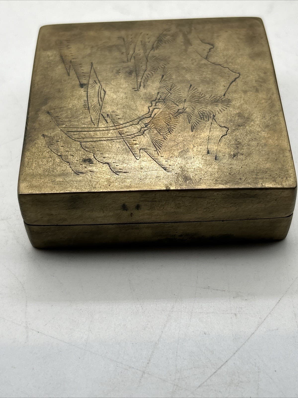 Vintage Brass Bronze Chinese Village Mountain Engraved Ink Box 3x3” 5