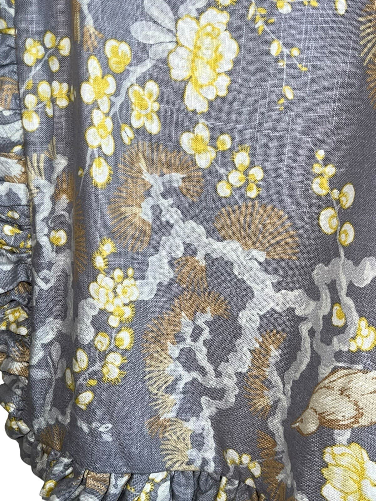 2 Handmade Pillow Shams Gray & Yellow Flowers & Birds Expensive Linen Fabric 35” 5