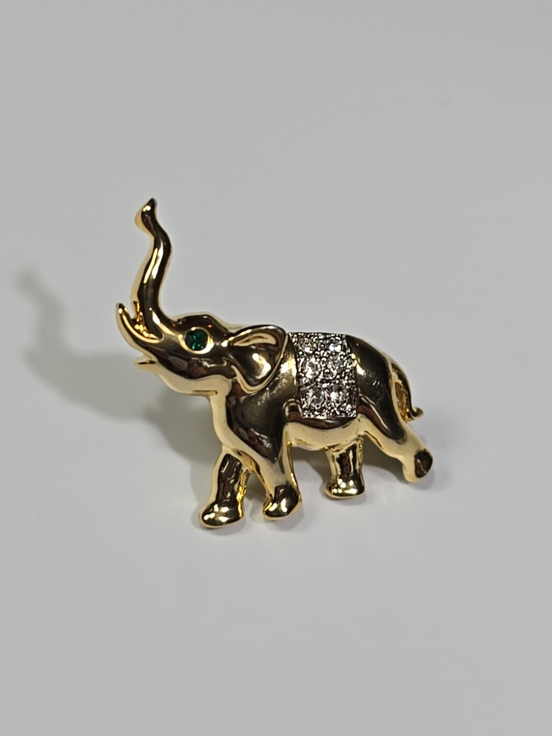 Elephant Lapel Pin Gold Color with Clear & Green Faceted Faux Gems 2