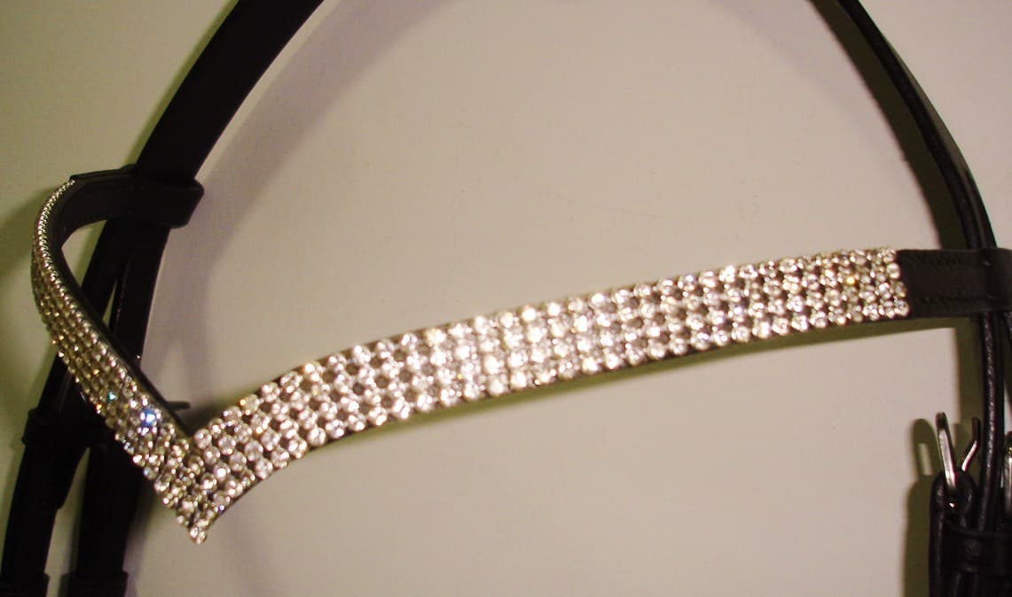 New Designer V Shaped 4 Rows Silver Crystal Browband Size - full ~  16" BLACK 4