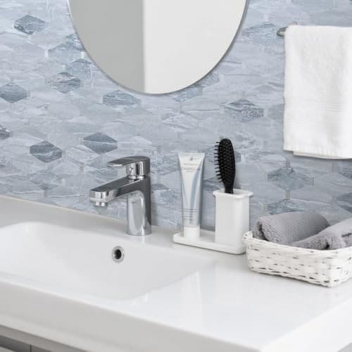 -Sheet Long Octagon Peel and Stick Backsplash, 10 Grey Marble & Metal Silver 2