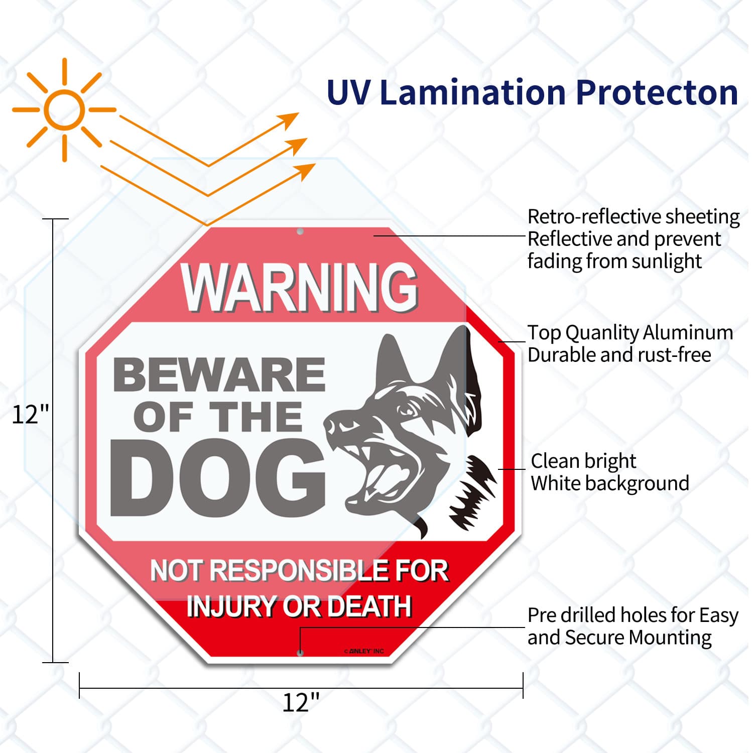 Anley Beware of The Dog Aluminum Warning Sign - Warning Dog Sign 12"x12" 5