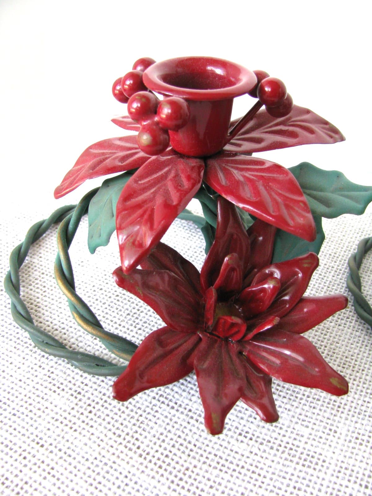 Set of 2 Cranberry Poinsettias Coiled Metal Taper Candle Holders Holly Leaves 4