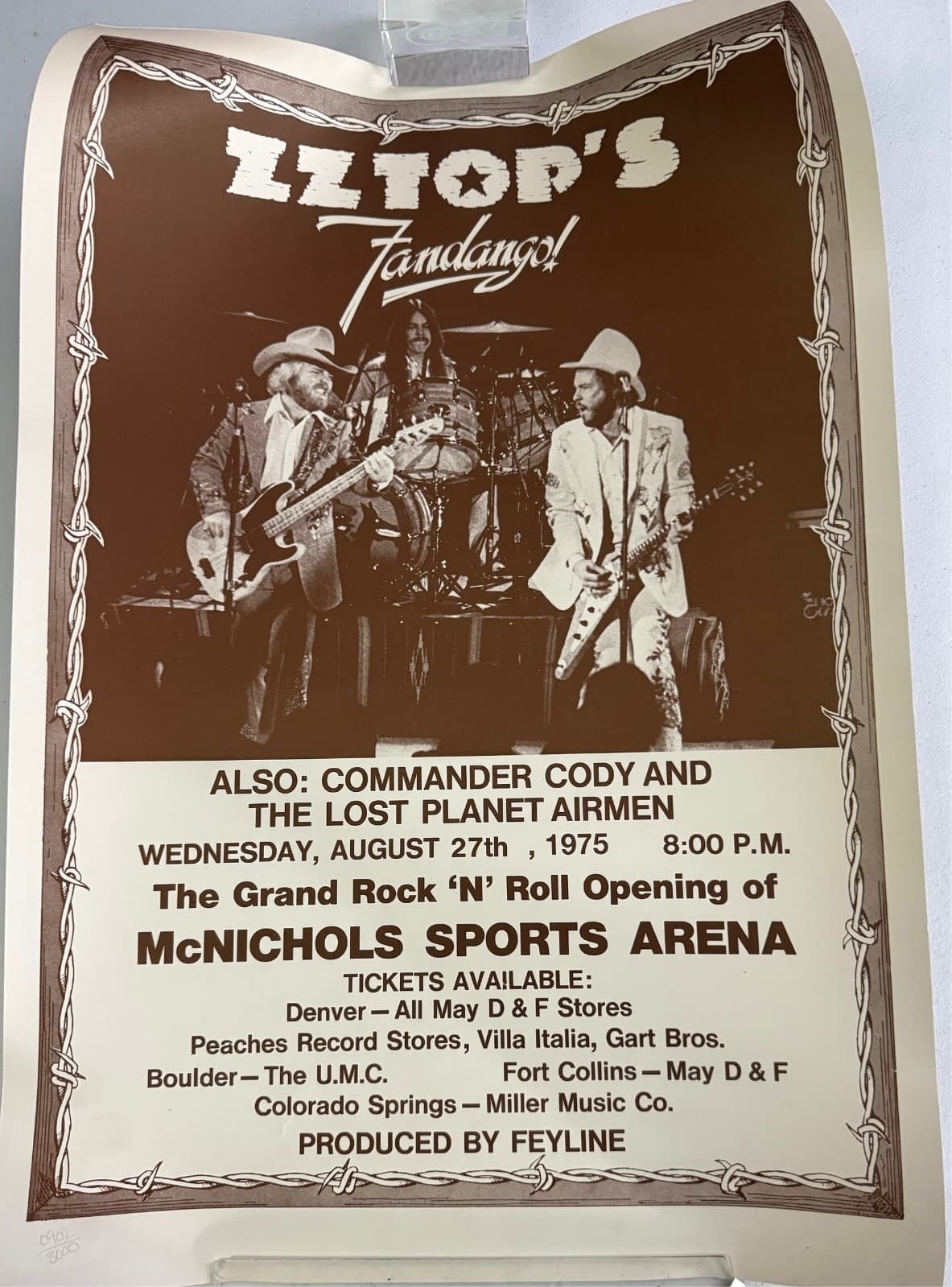 Rolled VTG 1975 ZZ Top Fandango Colorado McNichols Sports Arena Poster 18"x 25"