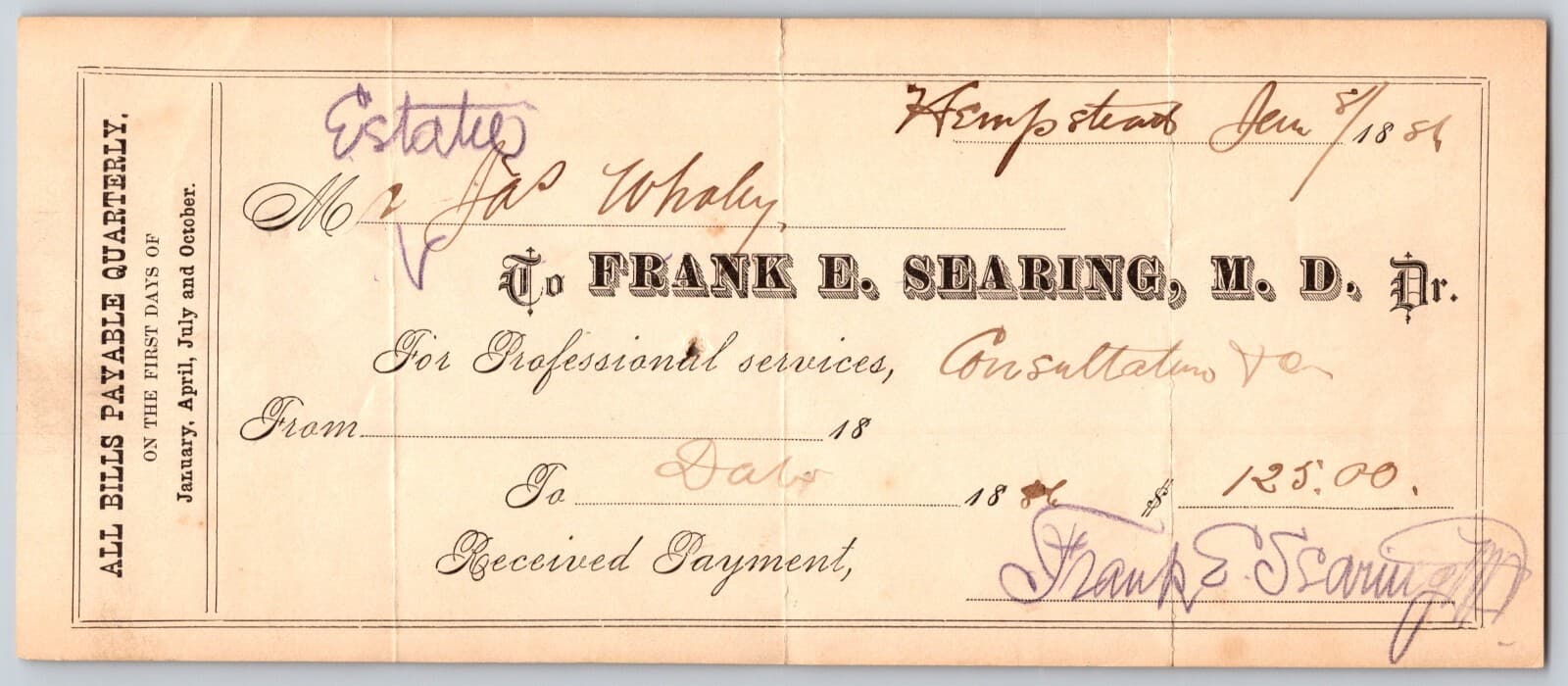 Frank E. Searing, M.D. Hempstead, L.I. NY 1886 Medical Receipt