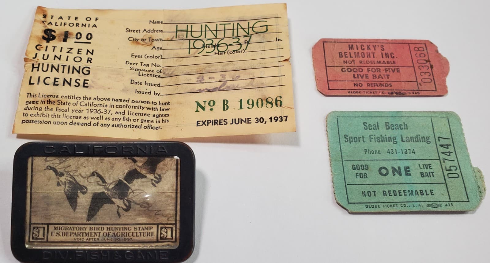 1937 California Migratory Bird License, Citizen Junior Hunting & Fishing Tickets