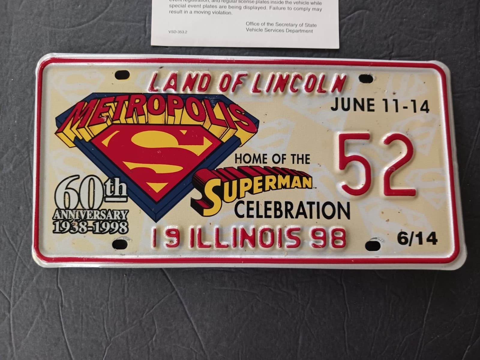1998 Superman Celebration Illinois License Plate 52 Special Event Plates Pair 2