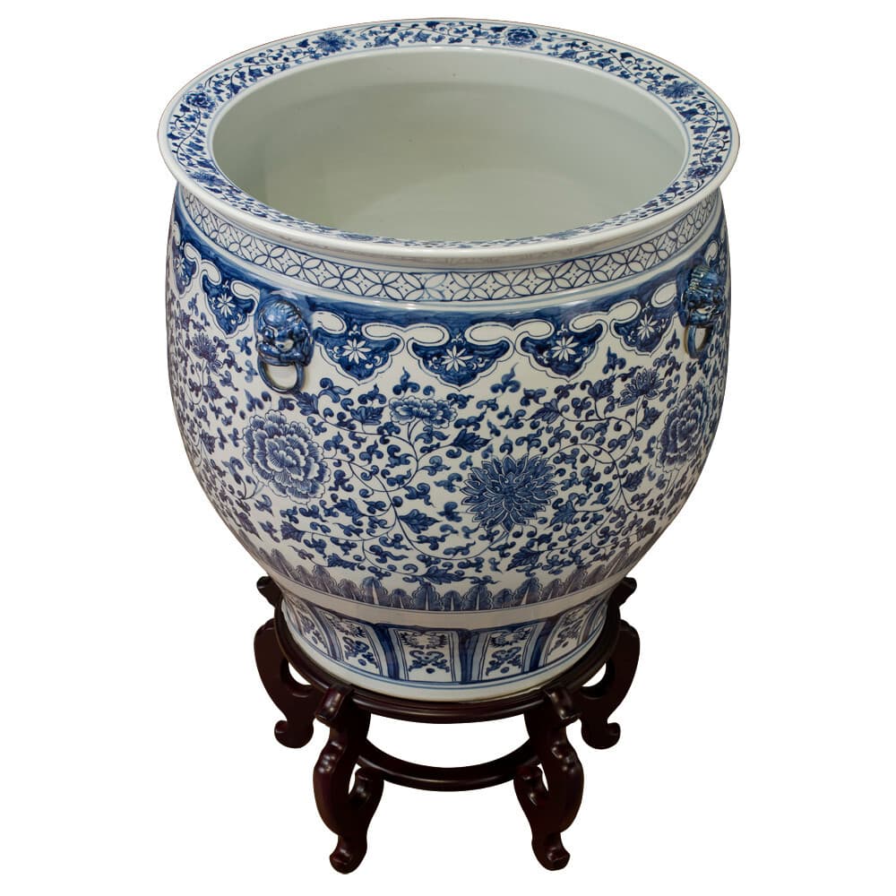 US Seller - 23.5in Grand Blue White Porcelain Peony Oriental Fishbowl Planter 3