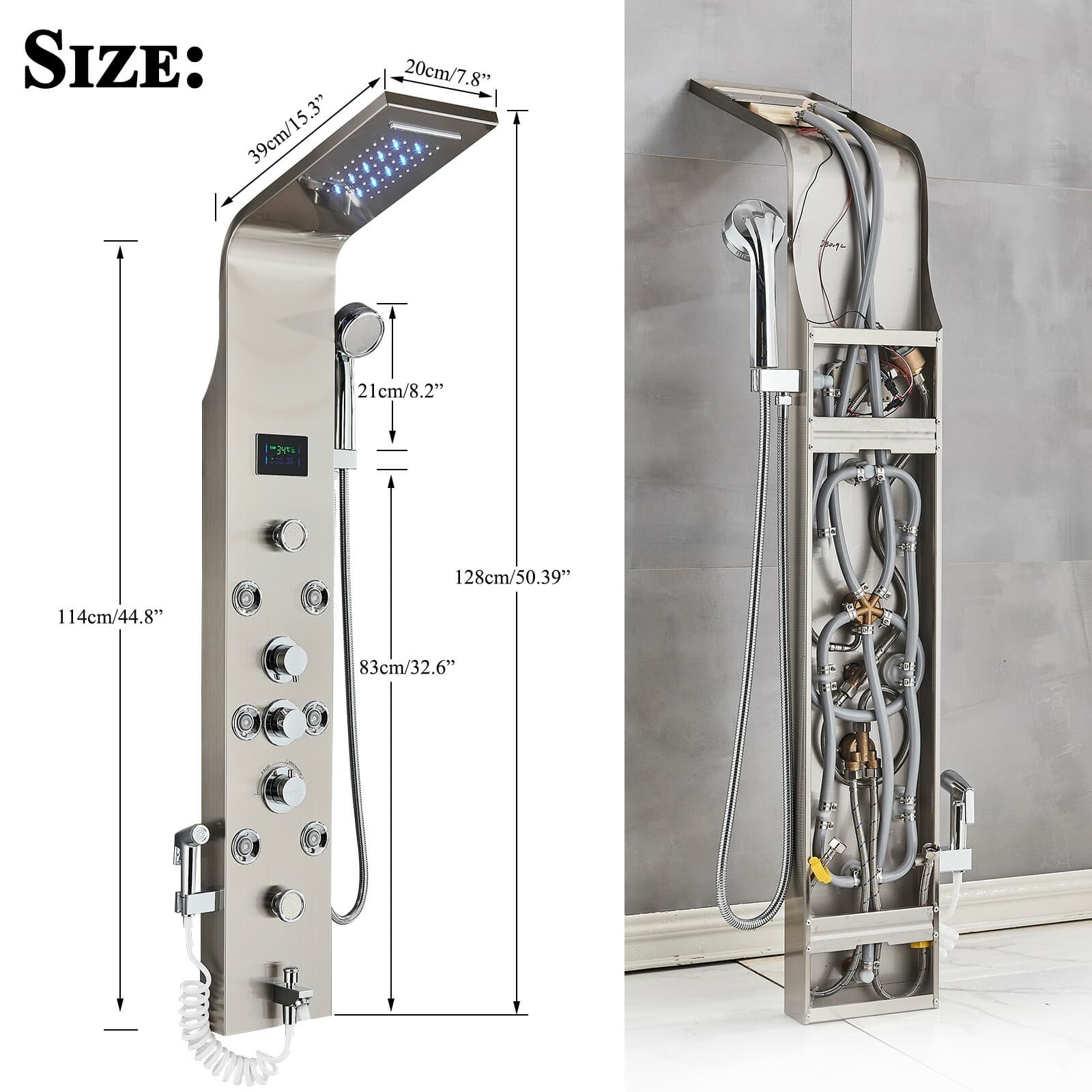 Stainless Steel Shower Panel Tower System LED Rain&Waterfall Massage Jet Sprayer 3