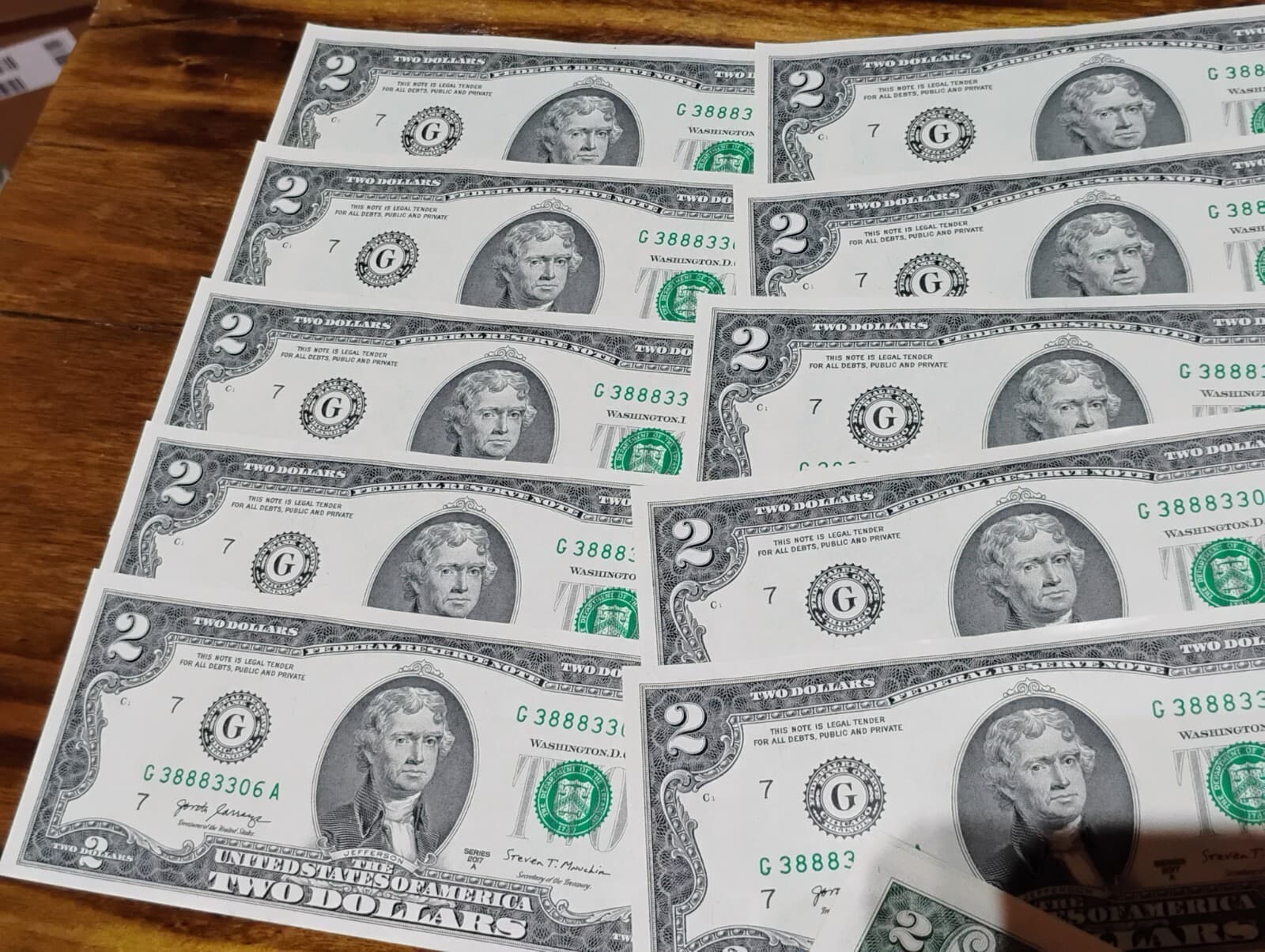 Lot of 10x Consecutive Serial # Two Dollar Bills From Bep pack 2017-A Chicago 3