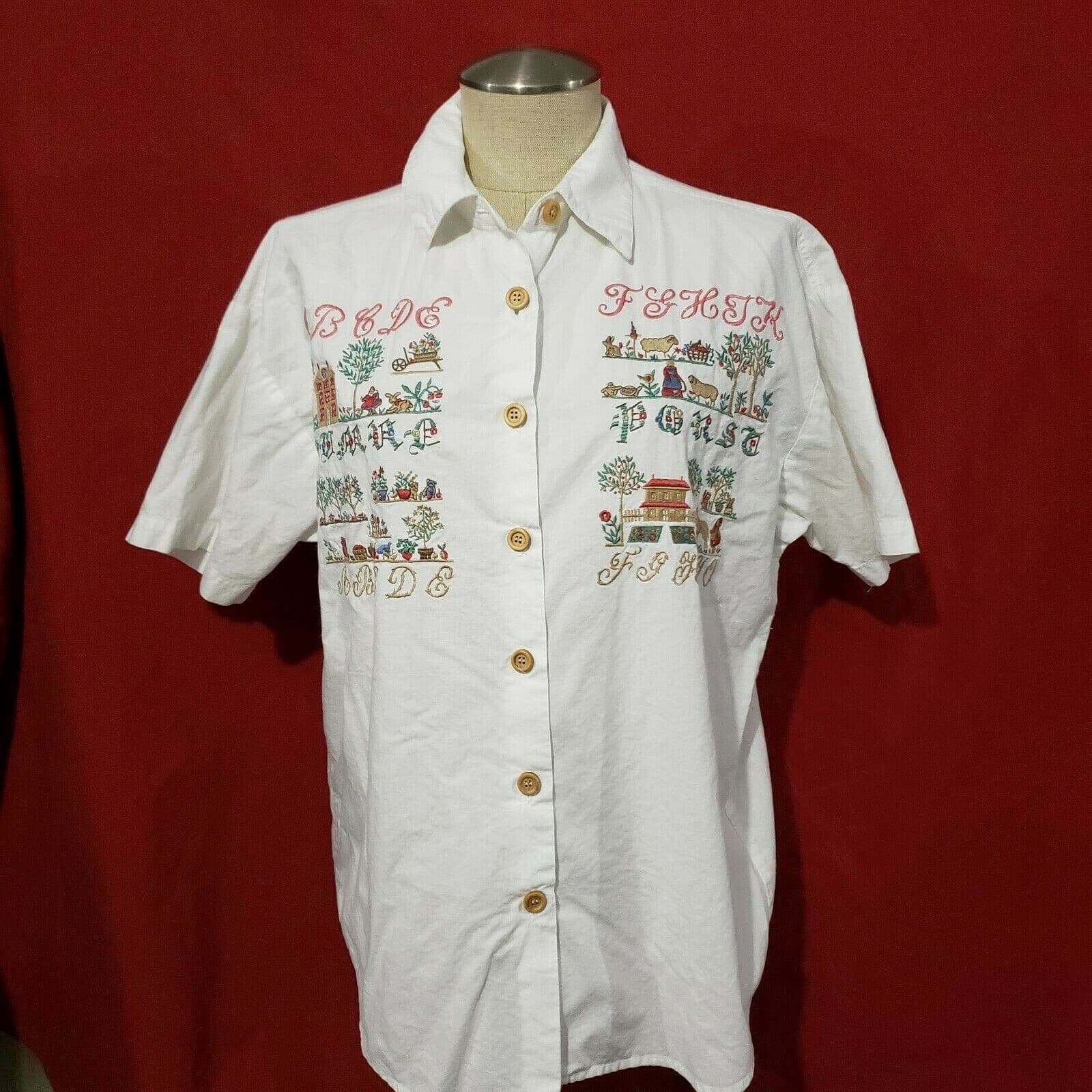 Vtg White Cotton Embroidered Country Style Top Shirt Short Sleeve  M 2