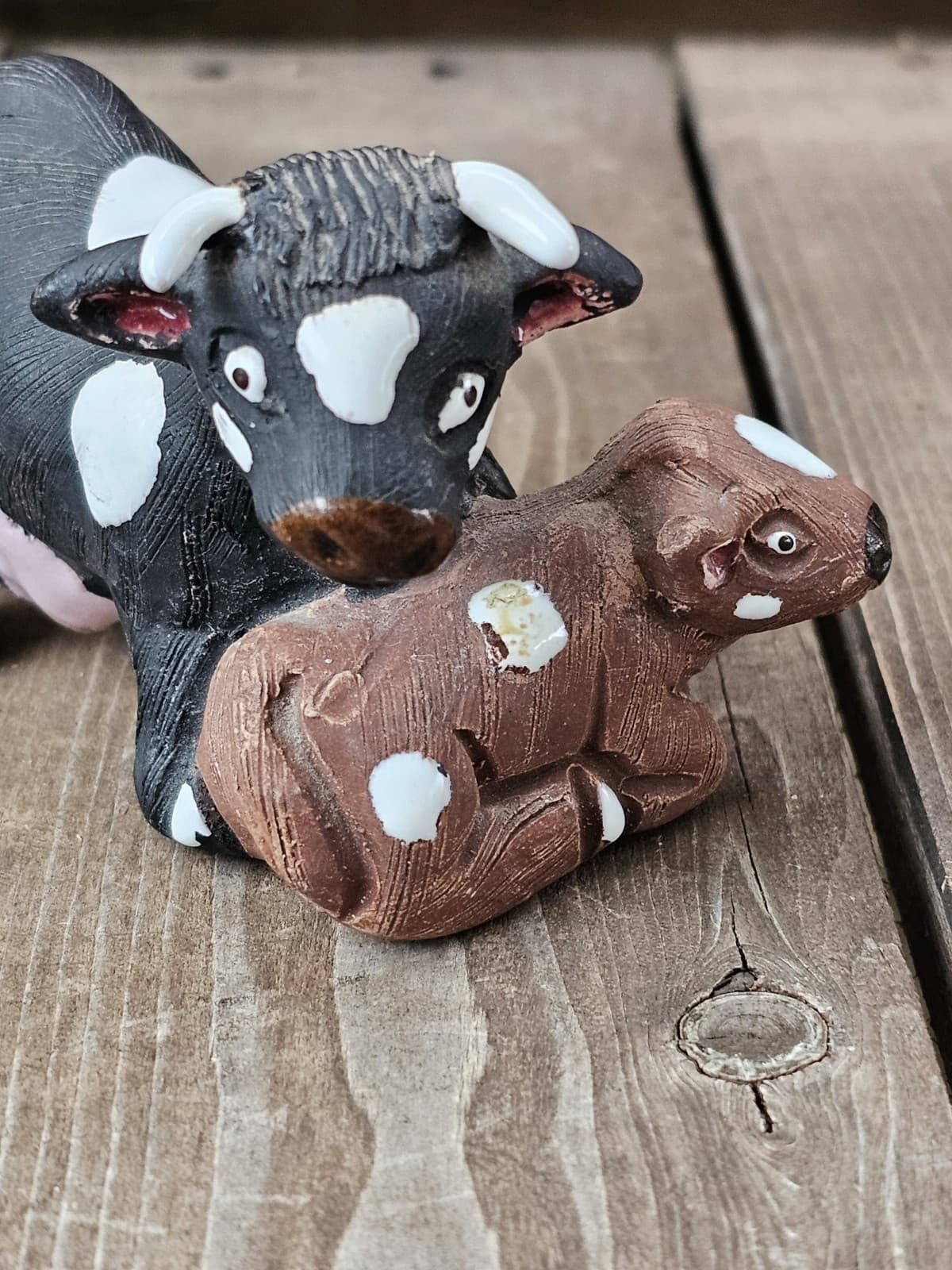 Vintage Handmade Signed Peruvian Clay Cow & Calf Peru Folk Art Native American  6