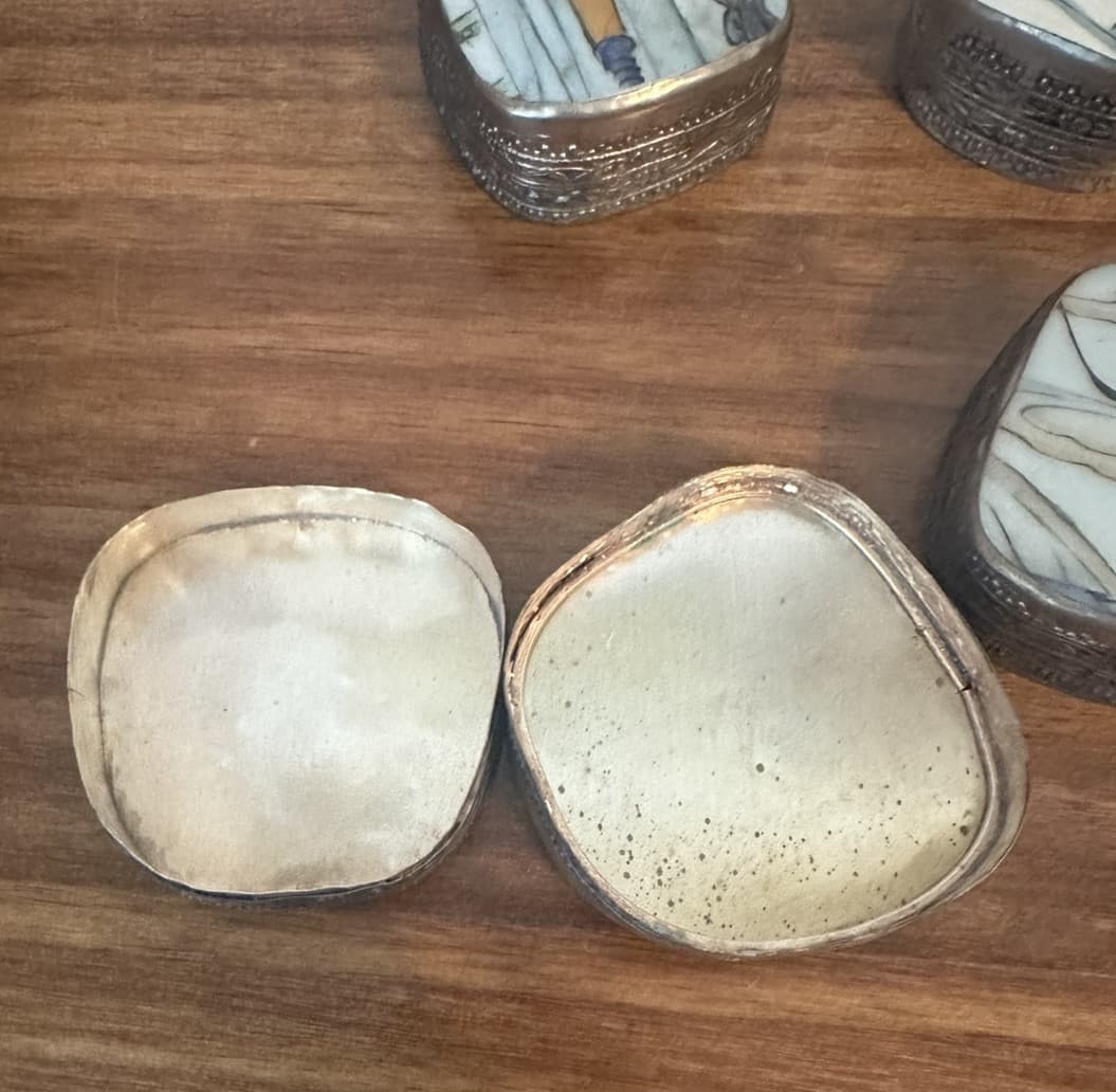Antique Chinese Porcelain Pottery Shard Trinket Boxes, Silver Repousse- Set of 4 4