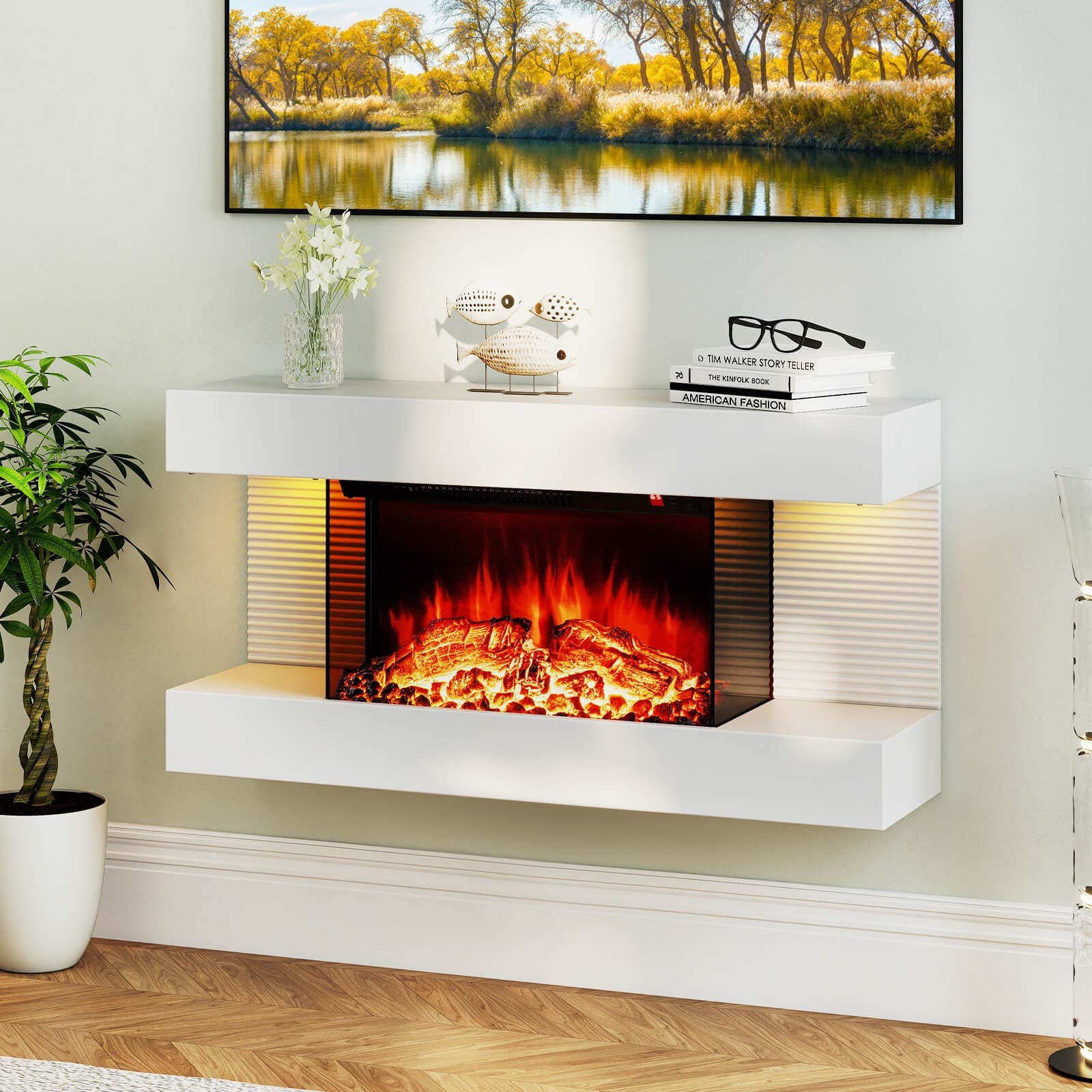 18" Electric Fireplace w/ 32" Floating Mantel 12-Color Dimmable Flame 8H Timer 4