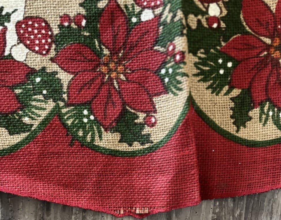Vtg Scandinavian Christmas Tree Skirt – Painted Mushrooms Candles on Burlap Jute 6