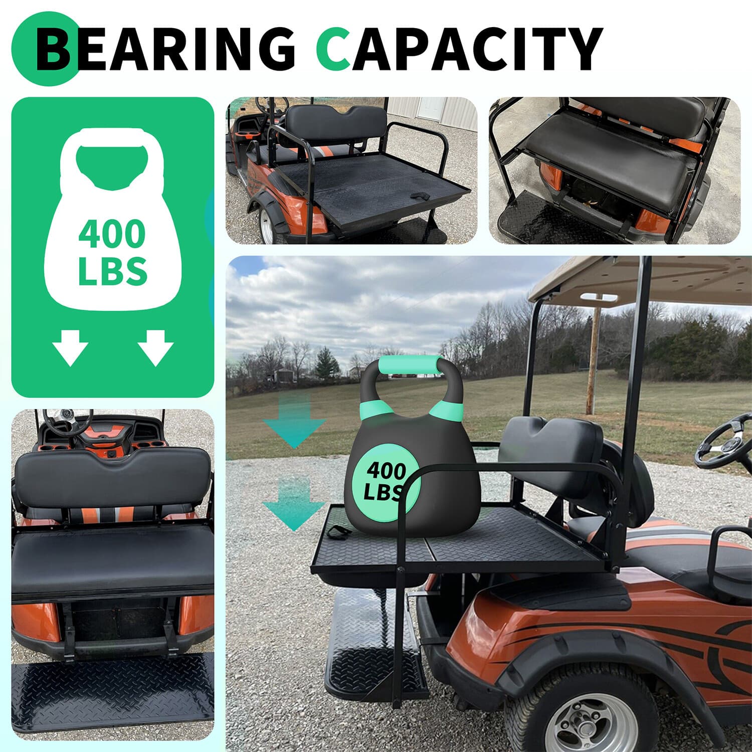 For EZGO TXT 1995-up Rear Flip Seat Kit with Fold Down Pad Black Cushions 5