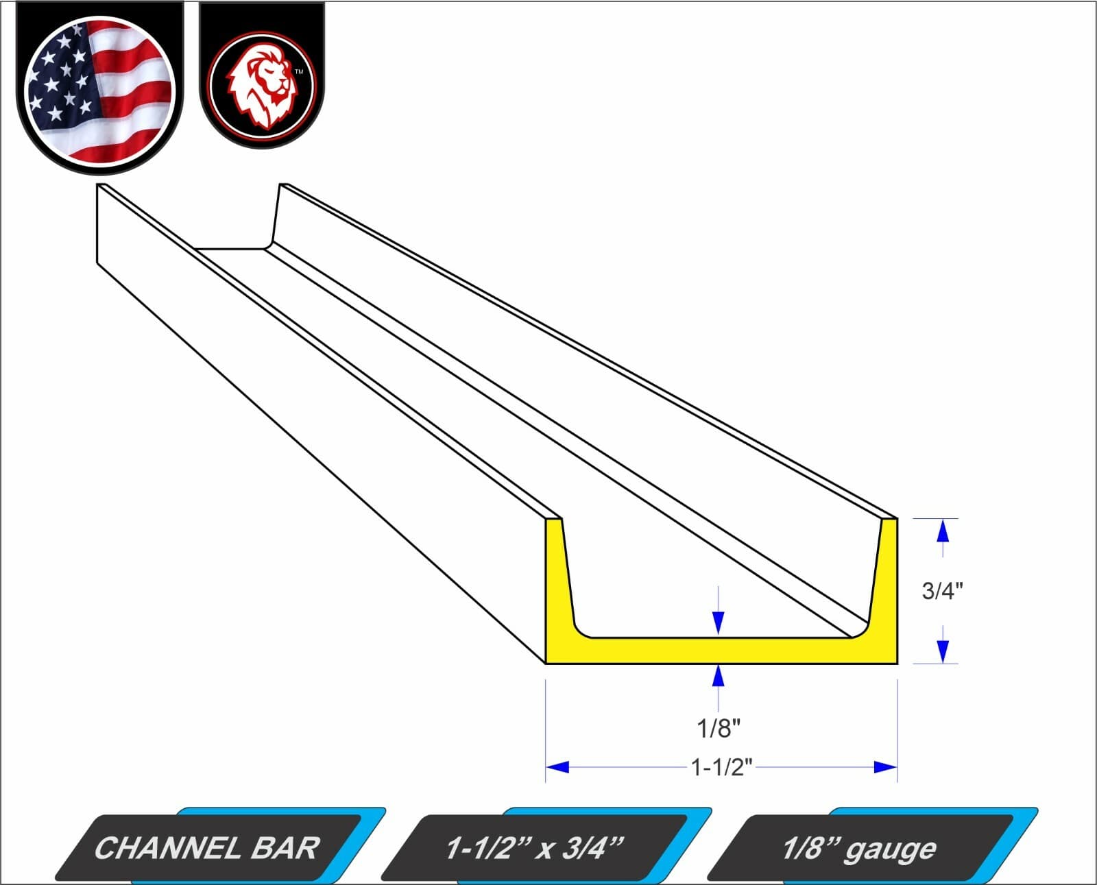 1-1/2" x 3/4" Channel Bar - 1/8" gauge - Mild Steel - 36" inch Long (3-ft) 3