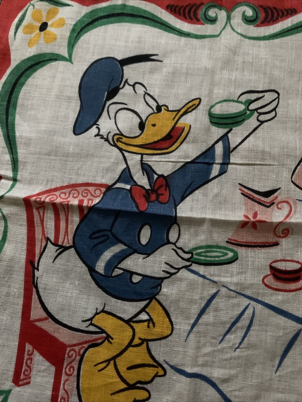 Vintage Walt Disney Handkerchief Donald Duck Alice Tea Party  3