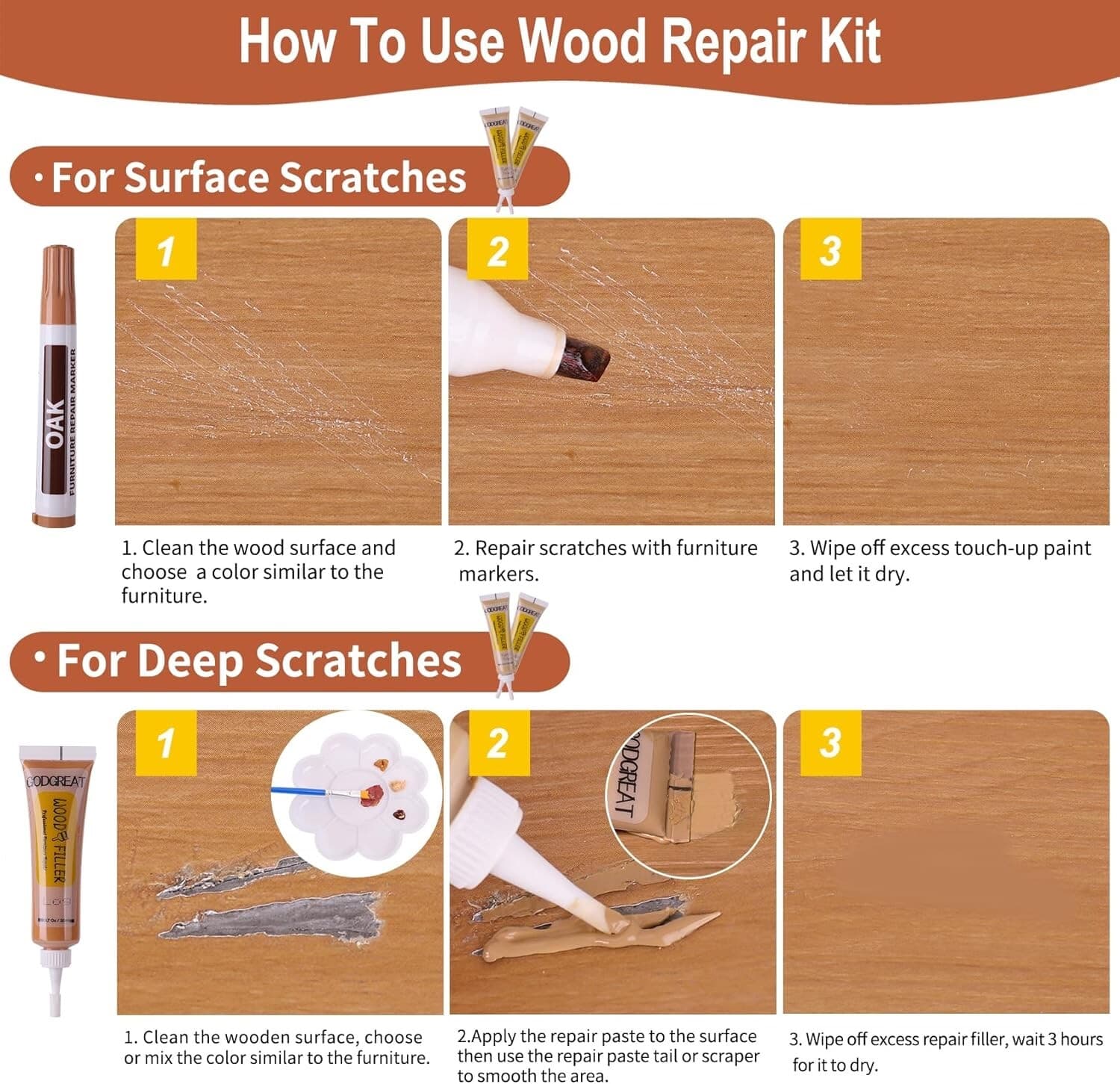 Wood Repair Kit - 37 Sets, Wood Fillers Furniture Repair Kit with 18 Colors Oak 2