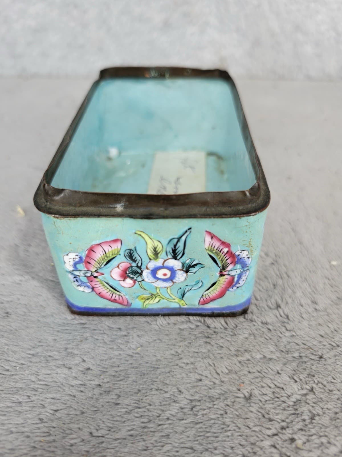 Vintage Chinese Cloisonné Enamel Box Rectangular Turquoise Interior 4” 2.5” 3