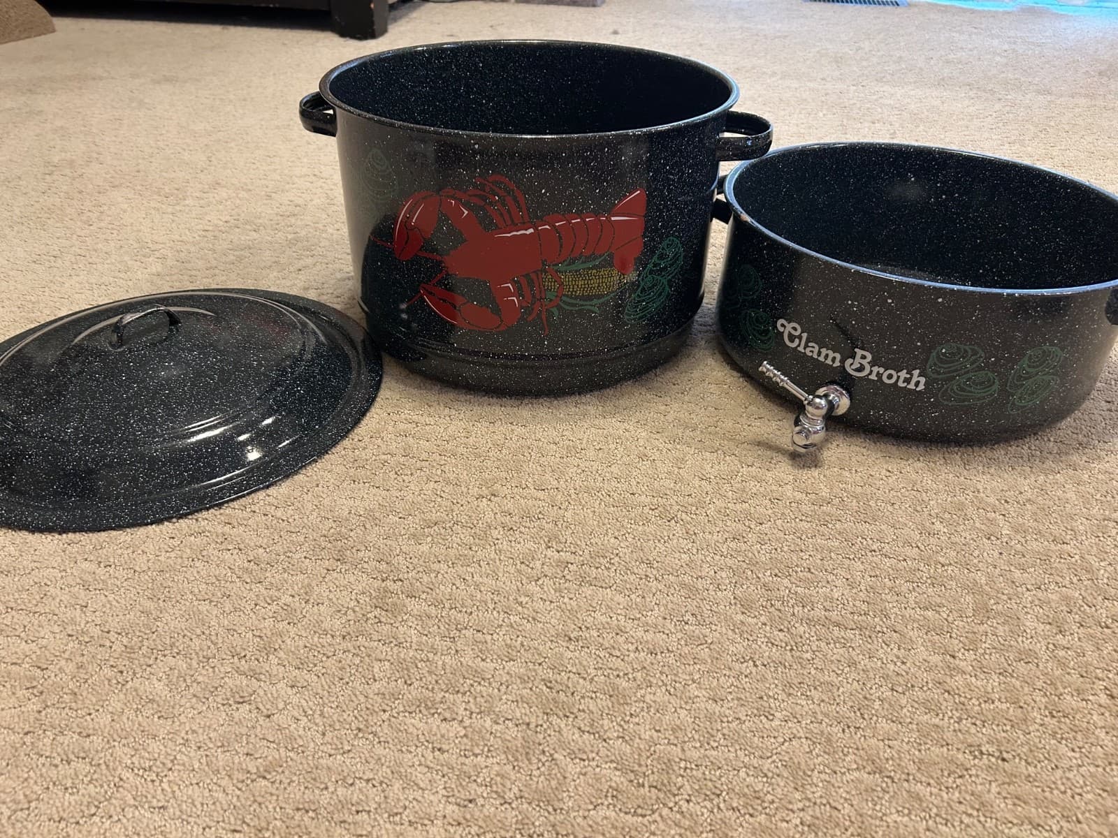 Vtg Black Speckled Enamel Double Steam Pot Clam Broth Lobster w/Spigot & Lid 2