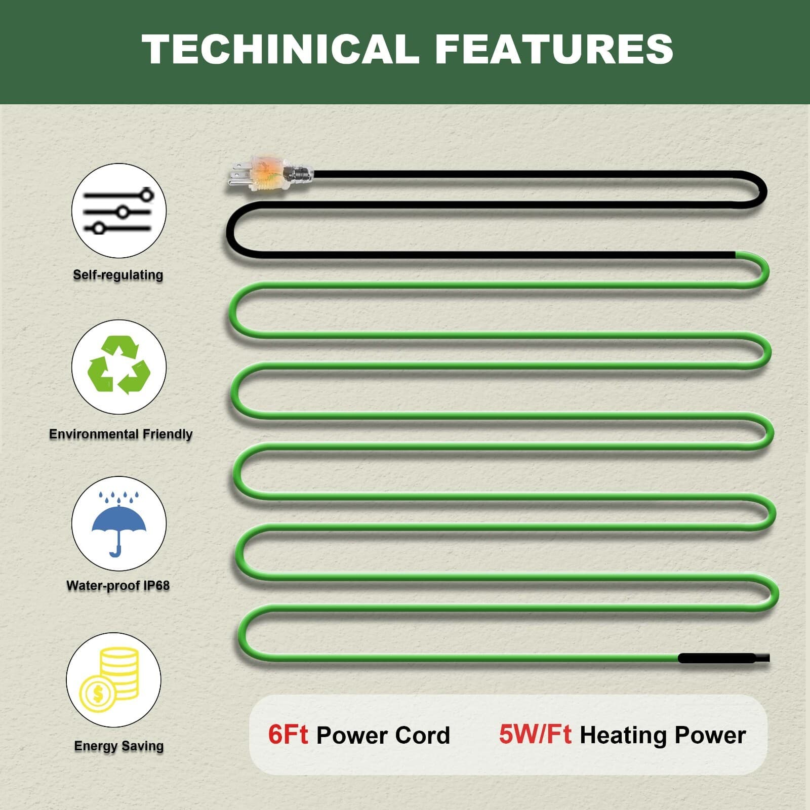 MAXKOSKO Pipe Heat Cable for Water Pipe Freeze Protection, Pipe Heat Trace 120V 6