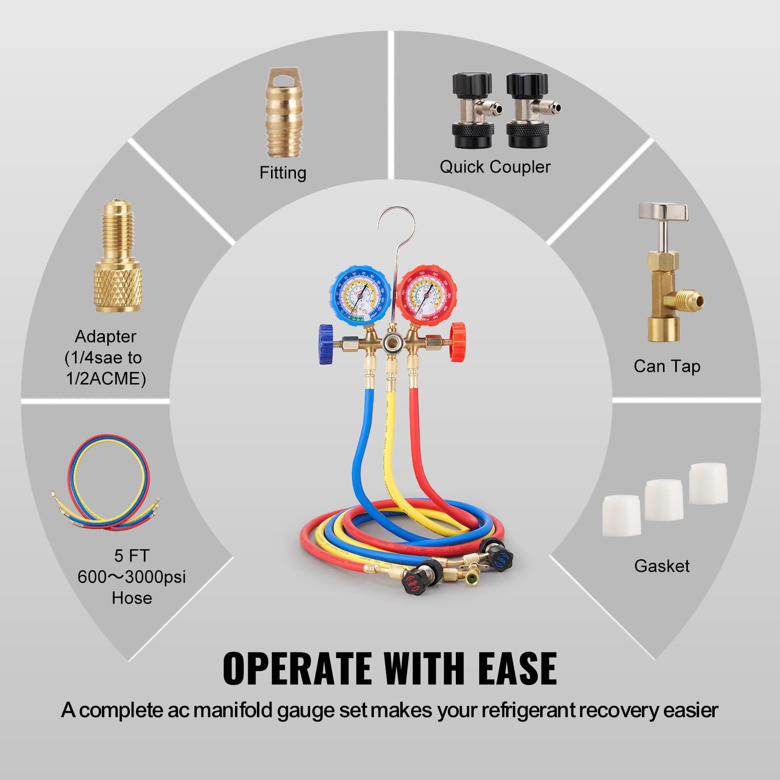 VEVOR AC Manifold Gauge Set 3-Way Fit R134A R12 R502 Refrigeration Charging 6