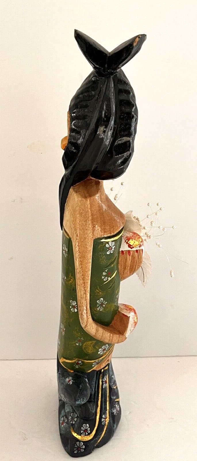 Asian Lady Hand Carved & Painted  with Flowers 14"  Unique OOAK Vintage 5