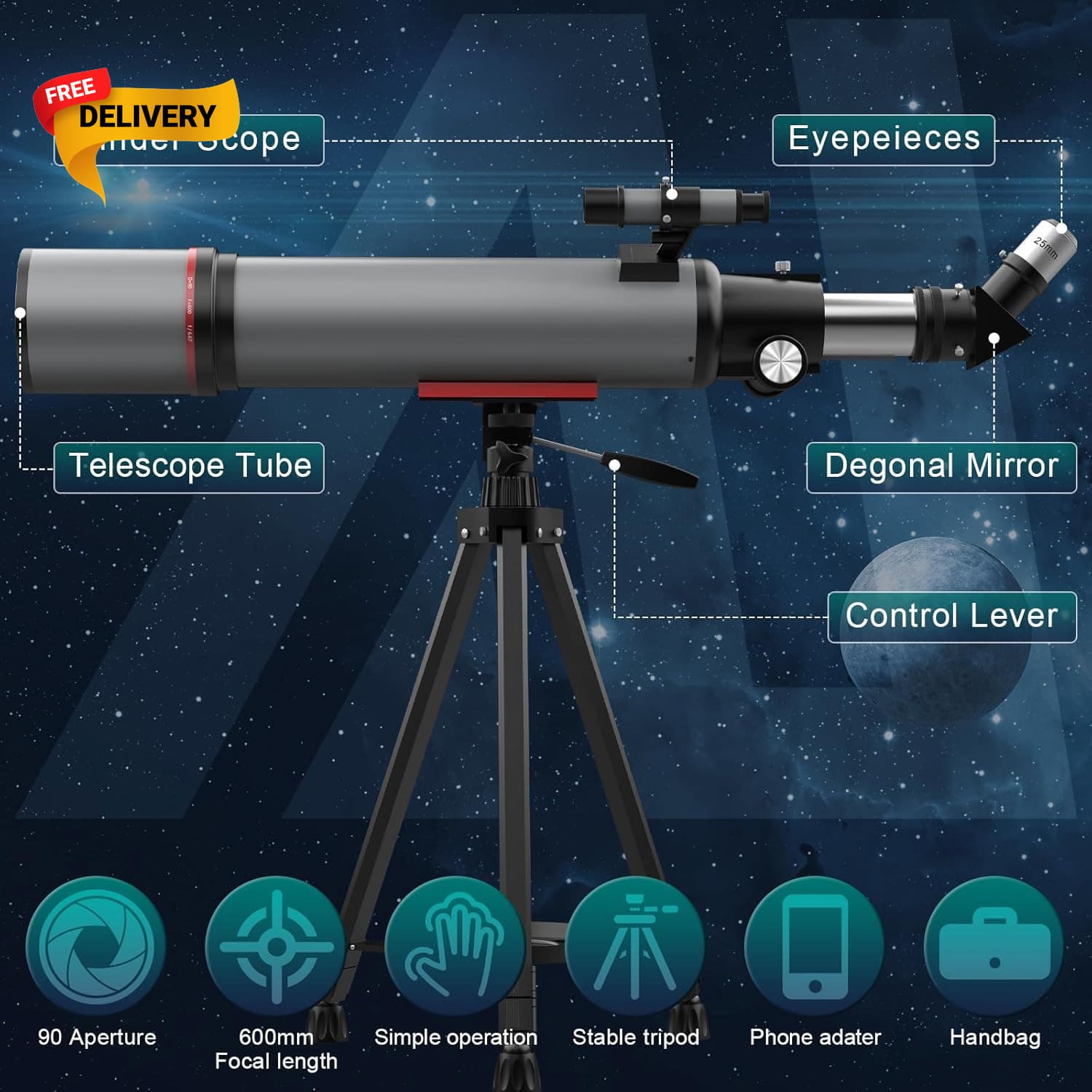 Telescope for Adults High Powered 90Mm Aperture 600Mm Refractor Telescope 4