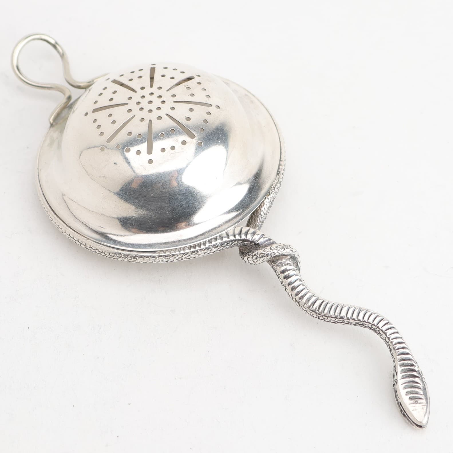 Indian Silver 5 3/4" Tea Strainer w/ Figural Snake Handle 2.04ozt No Monogram 2