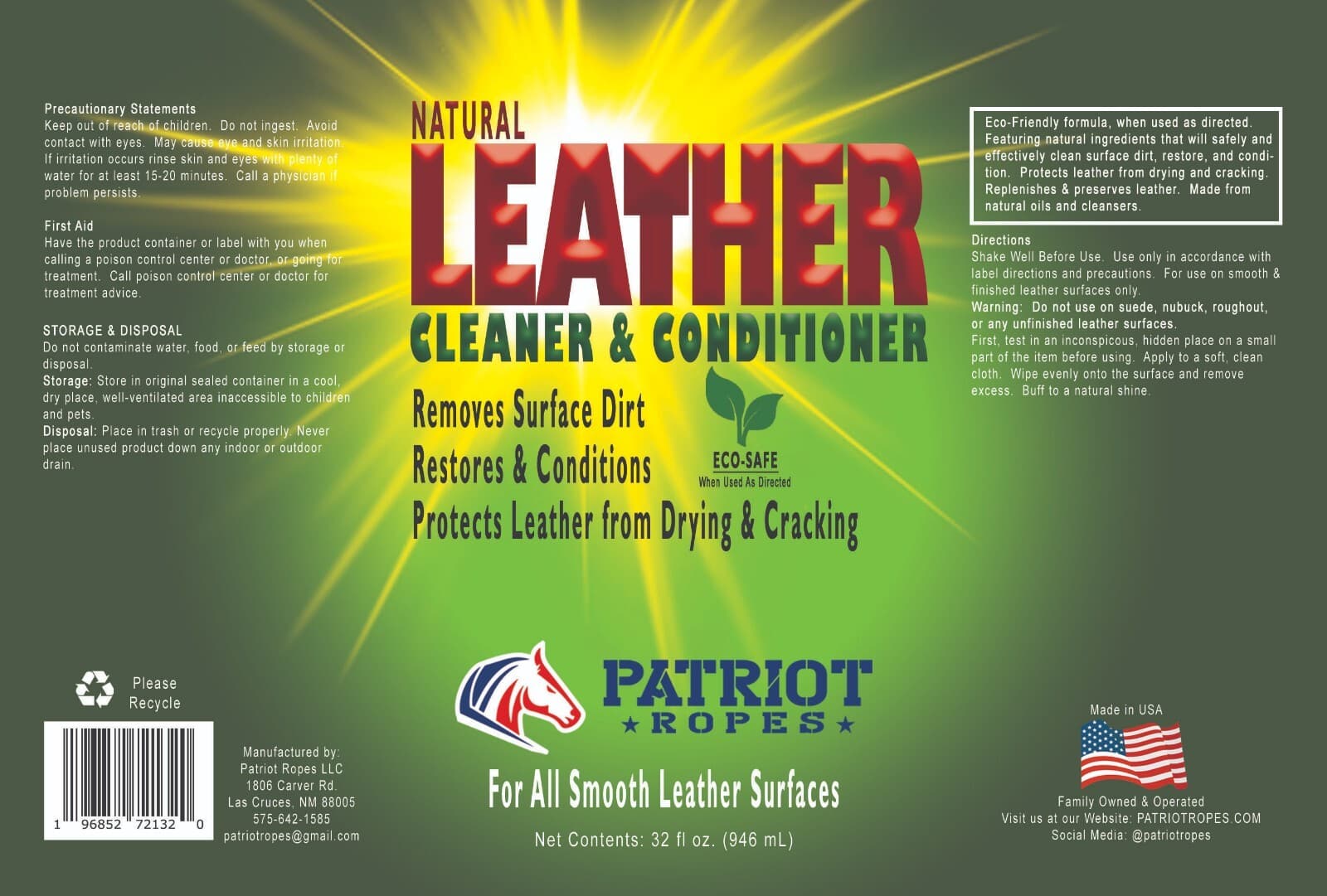 32oz Patriot Ropes Natural Leather Cleaner & Conditioner, Protects & Restores 2