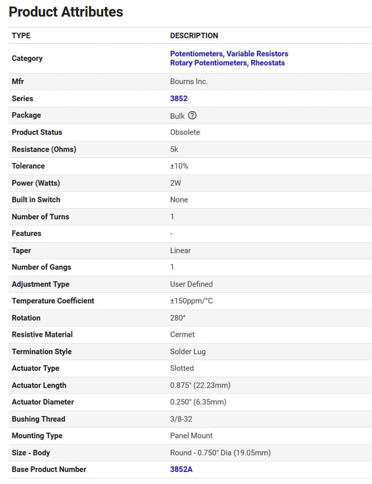 Bourns Cermet Linear Potentiometer, 3852A-282-502A, 5K Ohm, 2W, ±10%,  (NOS) 4
