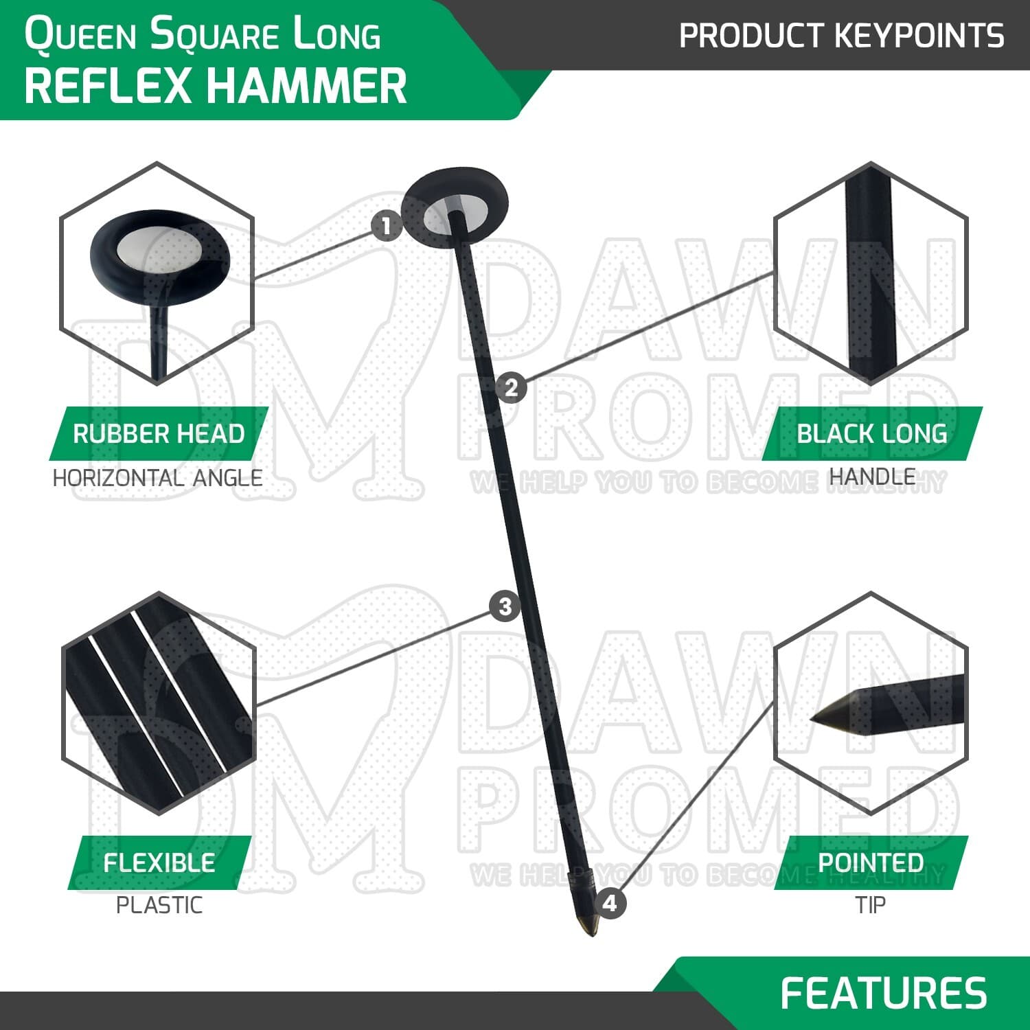 Queen Square Neurological Reflex Hammer Black 14" Long Plastic Handle Diagnostic 3