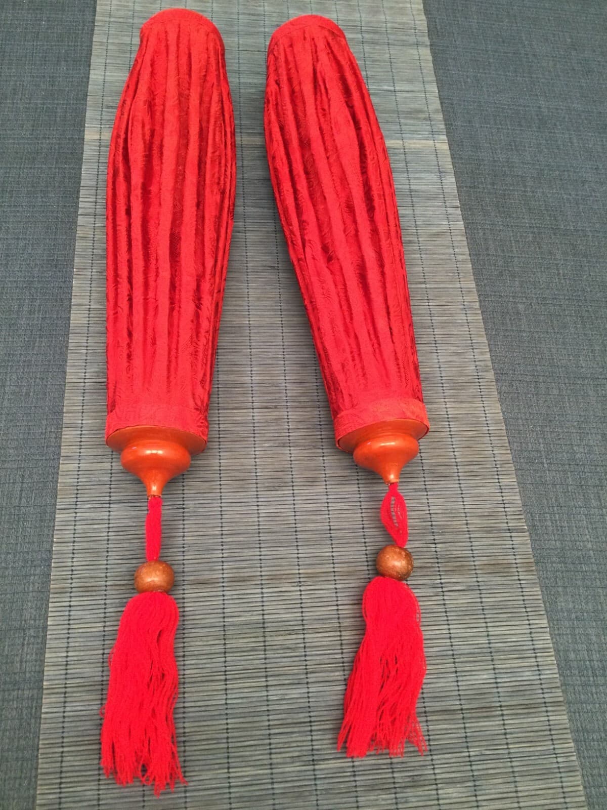 Vintage Pair Chinese Red Fabric Hanging Lanterns • 22” Long • New Unused 2