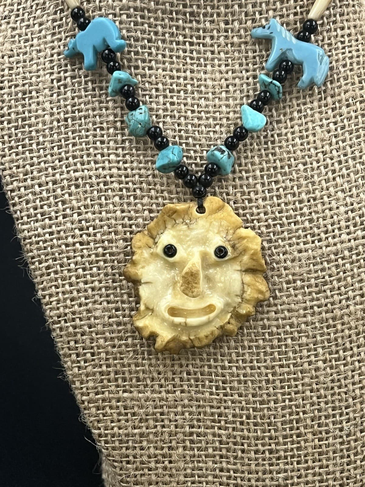 Native American Turquoise Carved Antler Face Beaded Necklace Folk Art Handmade 2
