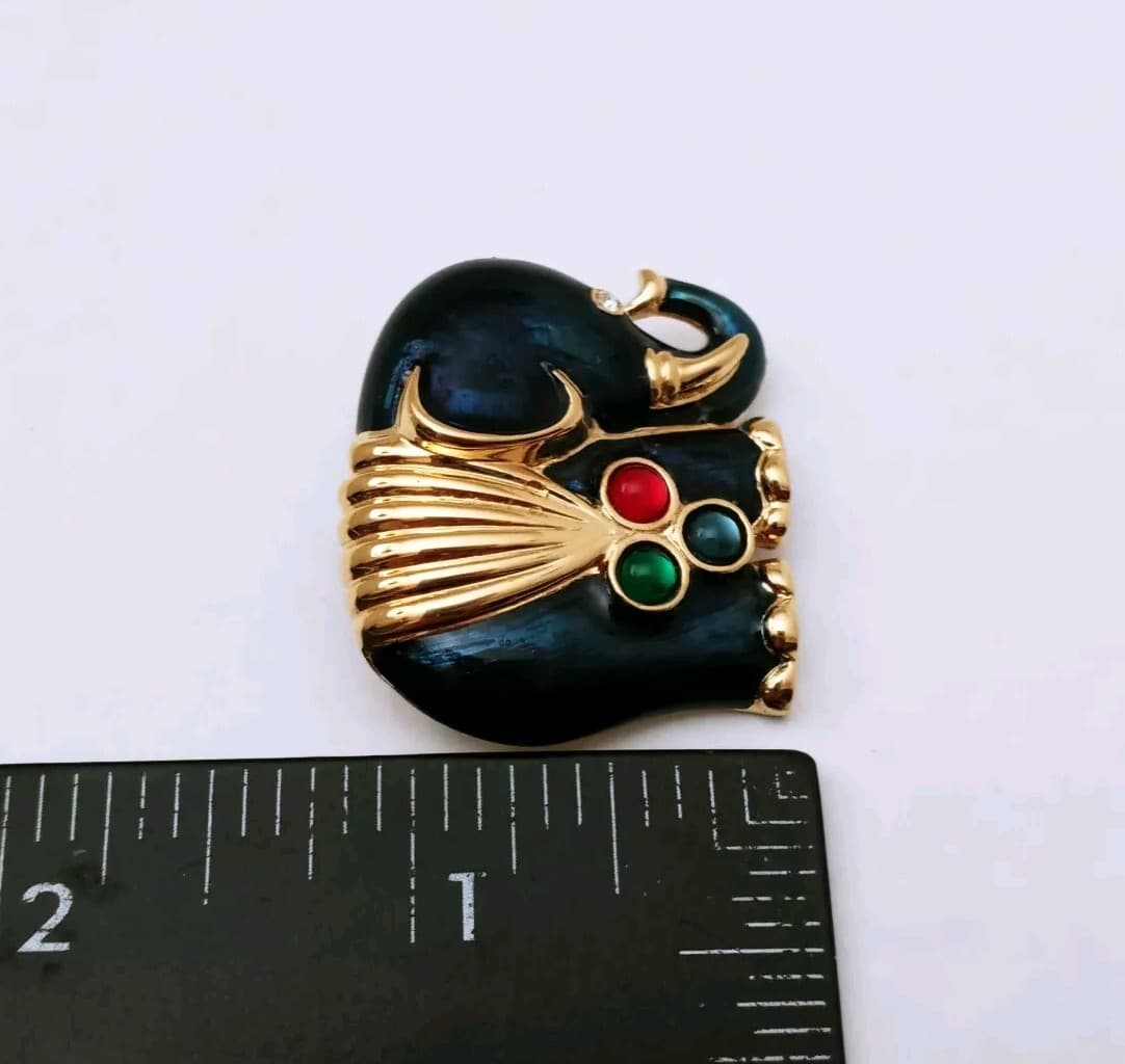 Vintage Enameled Elephant Brooch Faux Jewels Pin Teal Blue Gold Tone 1.25 Inch 5