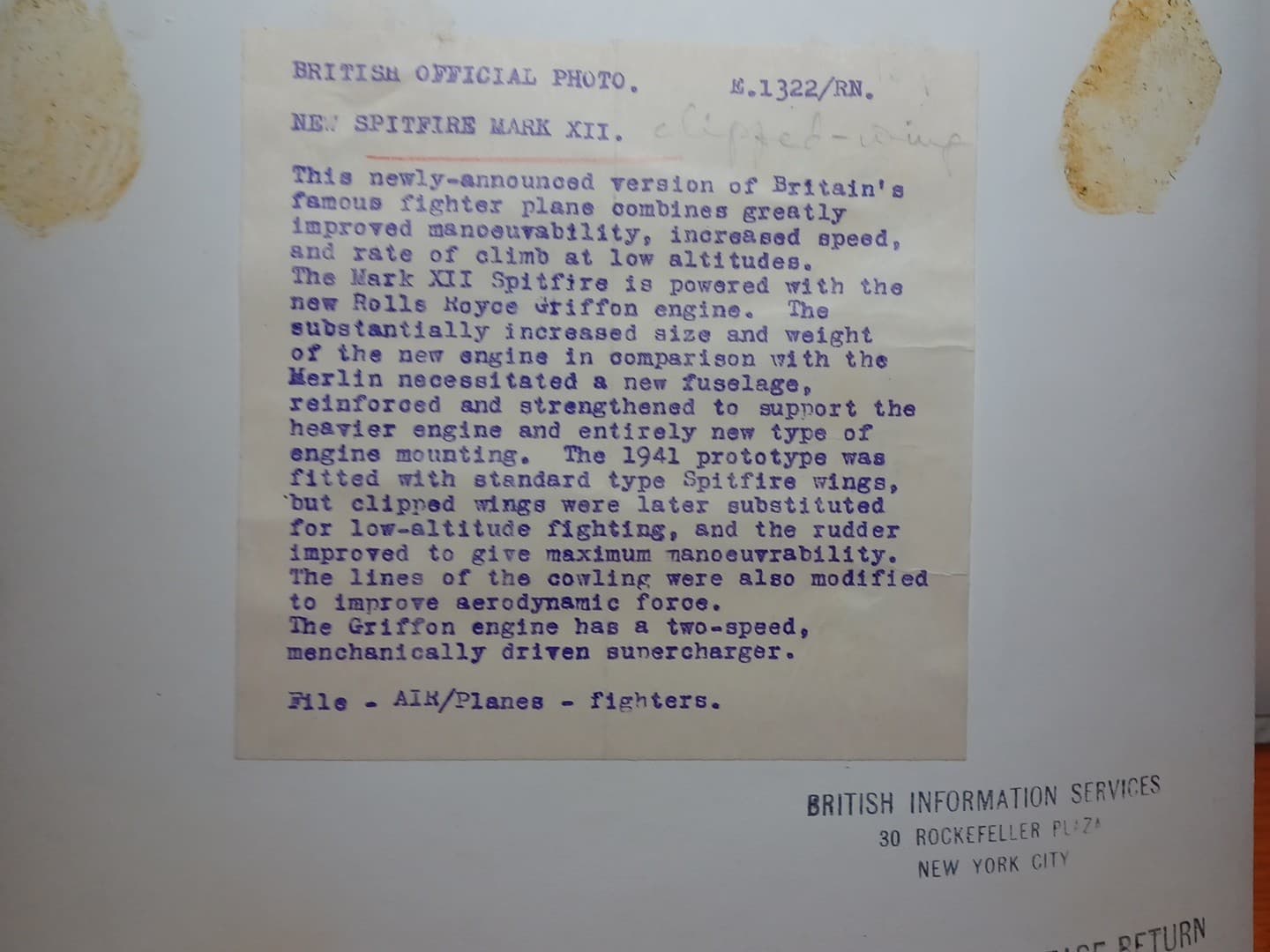 1941 British Official Photo Spitfire Mark XII in Flight 7 3/4" x 9 1/2" RRP 275 6