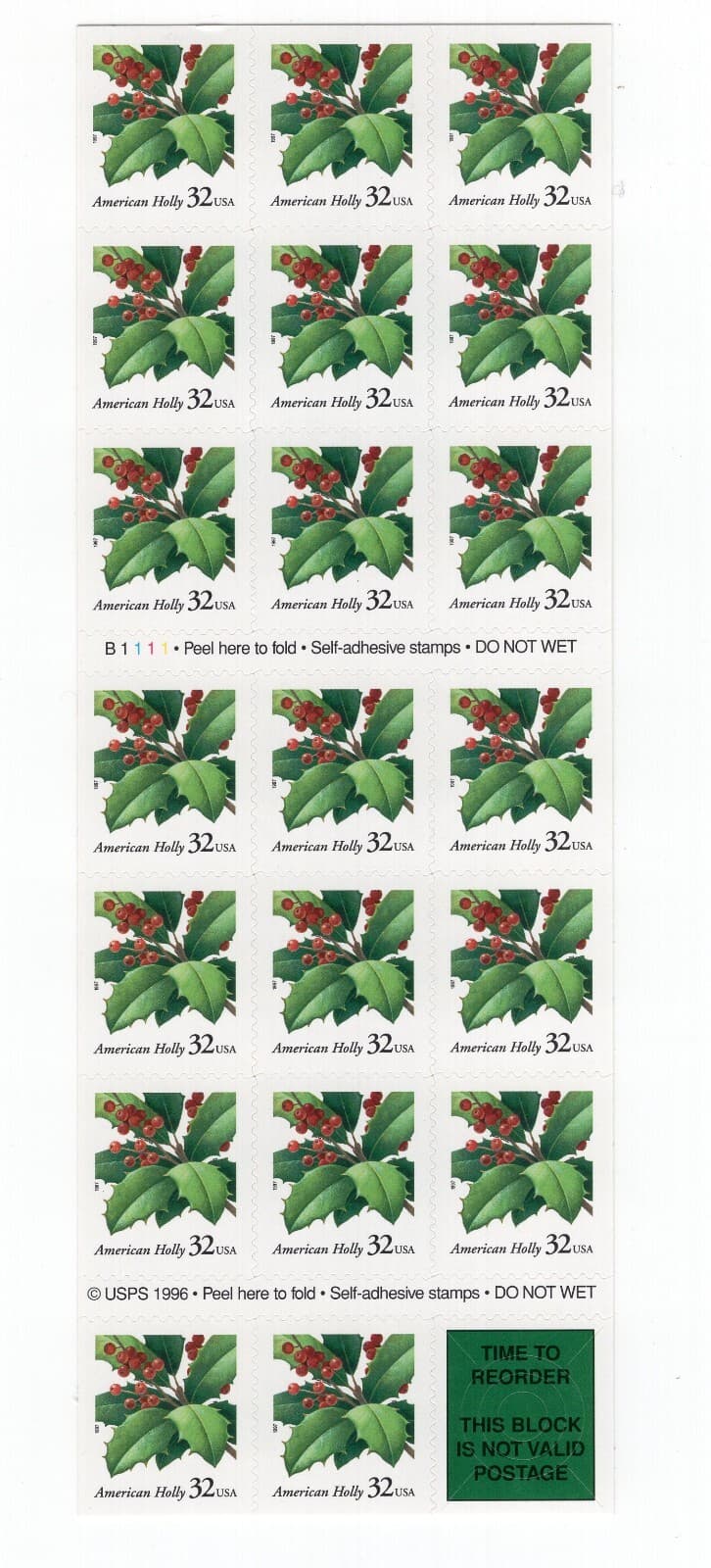 1997 32 cent Christmas Holly complete booklet of 20 Scott #3177a,  Mint NH