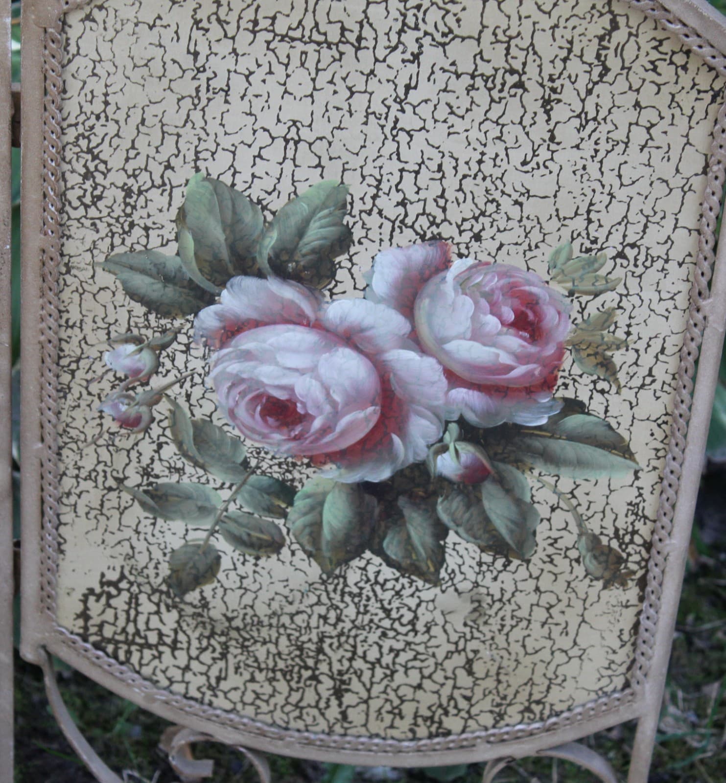 Fireplace Screen Vintage GUC 3-Panel Floral Hand-Painted Metal 48" W x 33 1/2" T 5