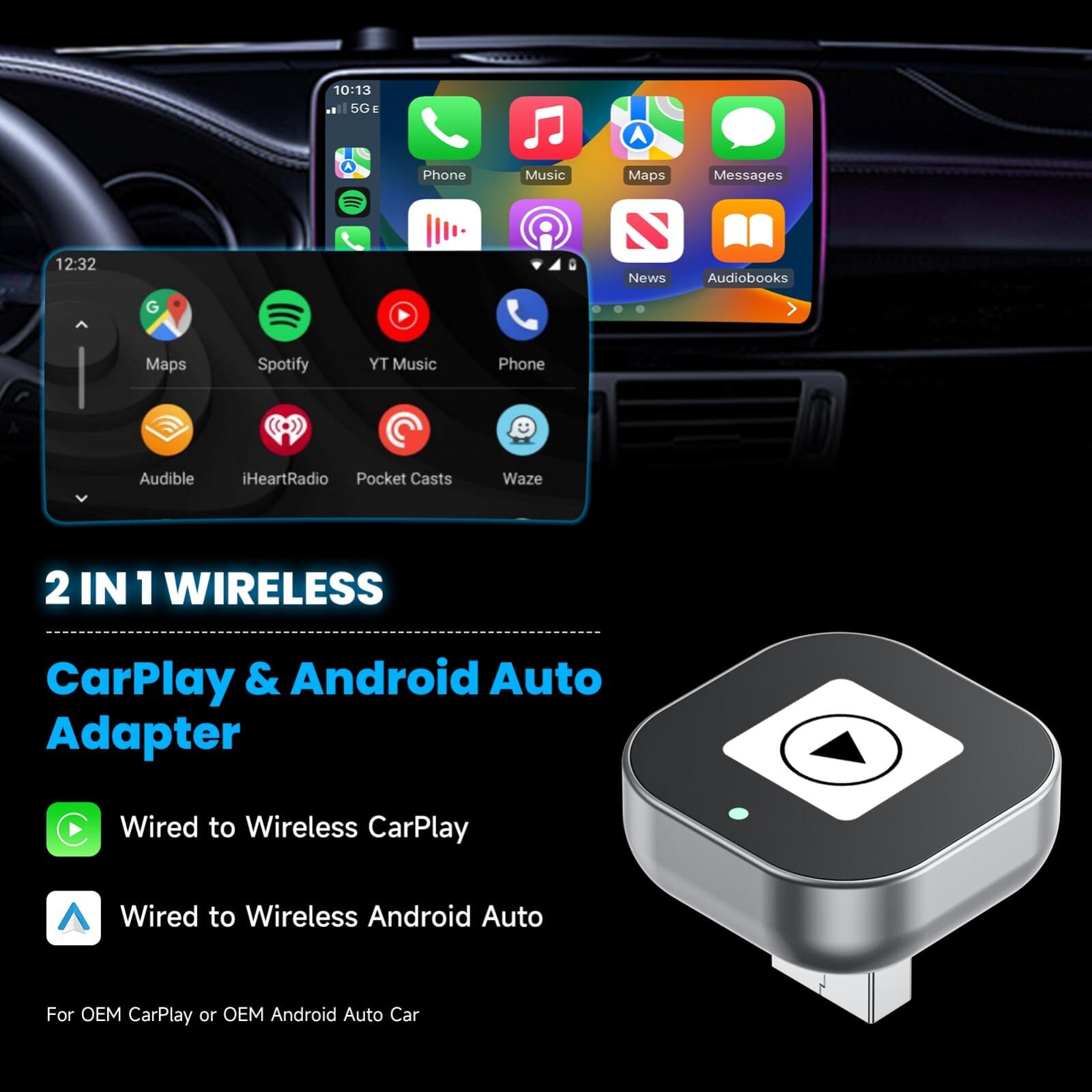 Wired to Wireless CarPlay Adapter For iPhone Android Auto Adapter Plug & Play US 3