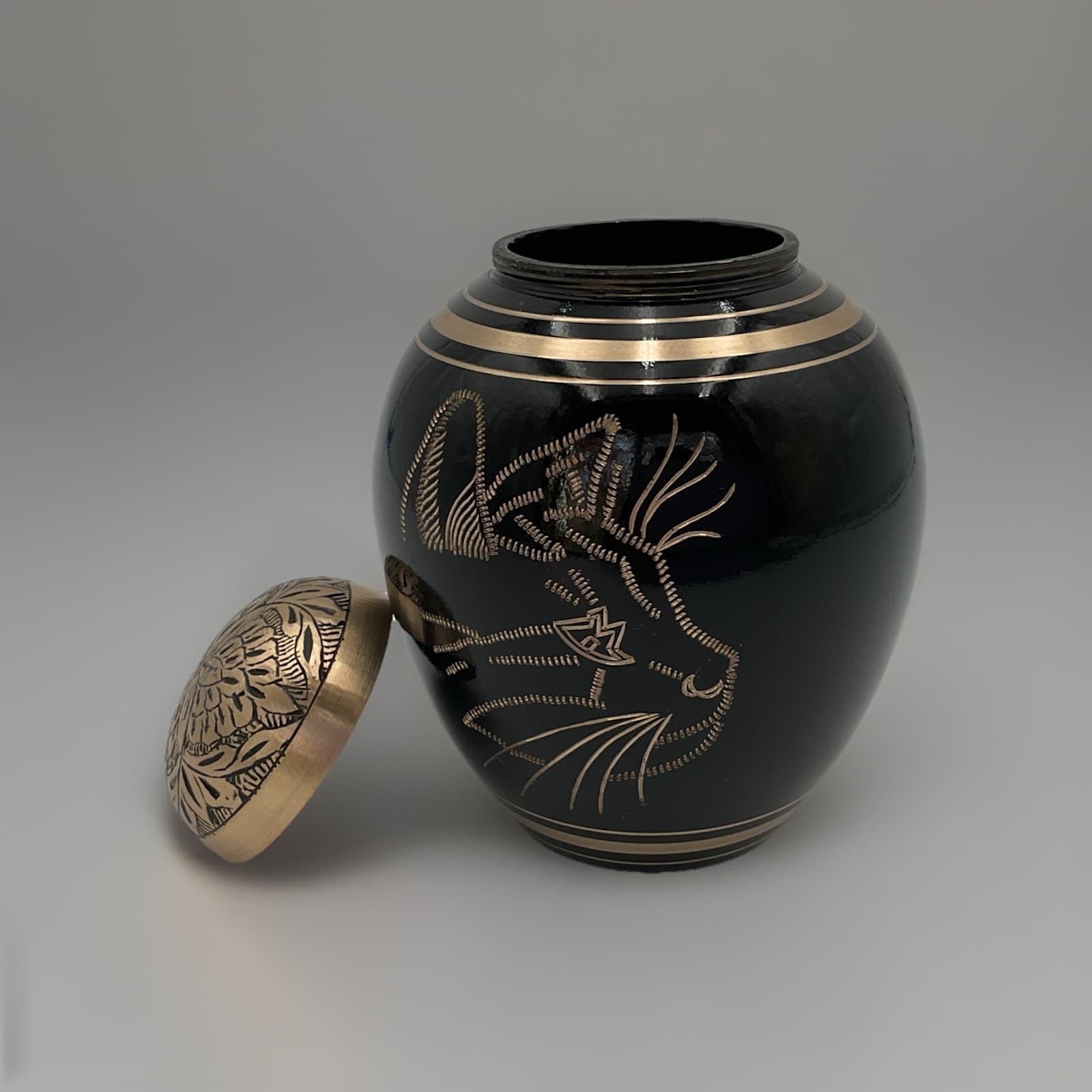 Elegant Cat Cremation Urn Shiny Enamel Over Solid Brass Hand Etched Cat Design 6