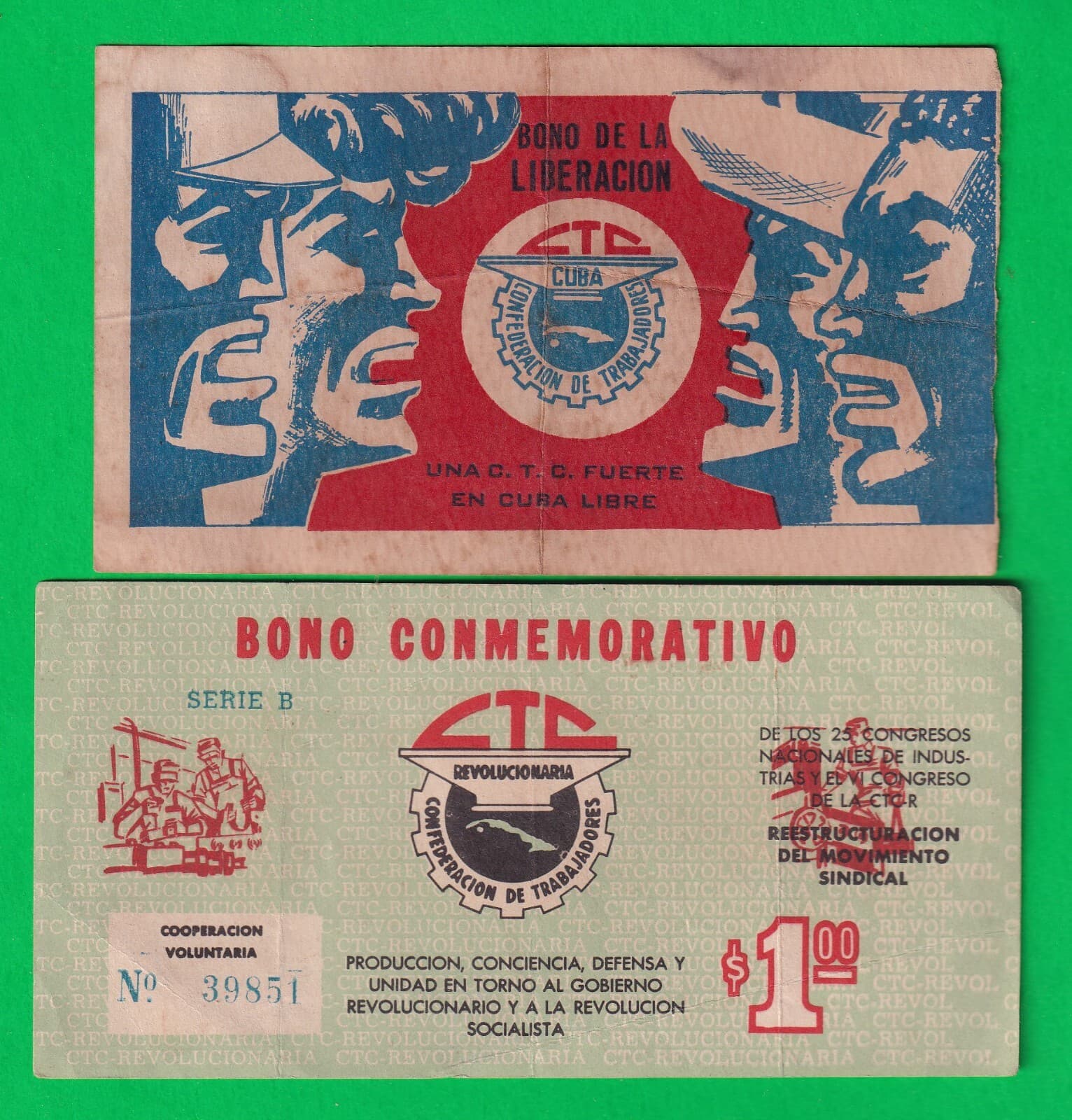 Set of 2 rare bonds from the Cuban Workers' Union (CTC), 1959-1961
