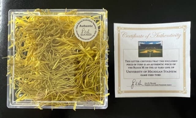 Michigan Wolverines Game Used BLOCK M turf from 50 Yard Line of Michigan Stadium