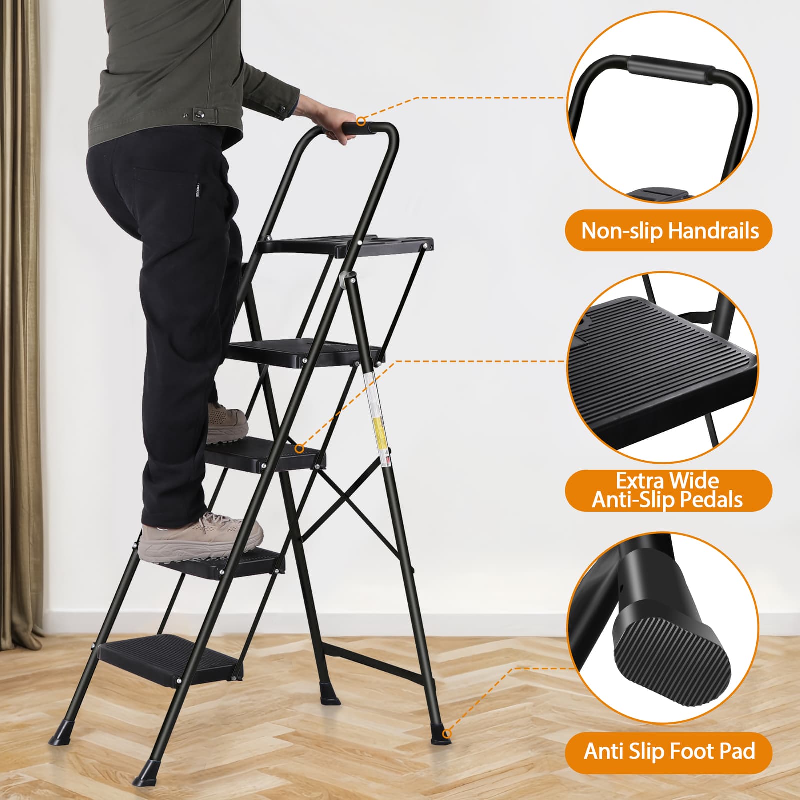 Lightweight 3/4/5 Step Ladder Folding Step Stool with Tool Tray Anti-Slip Pedal  5