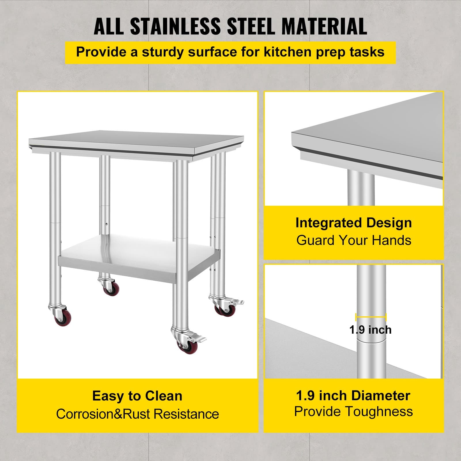 Uimoso Rolling Stainless Steel Work Table 30"x24" Cart + Casters Undershelf 3