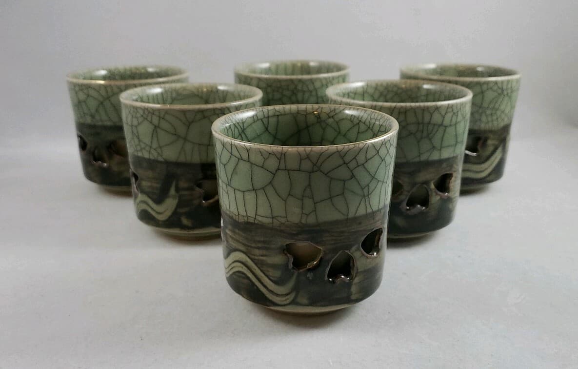 Somayaki Somaware Celadon Double-Walled Cups Crackle Gold Horse - Set of 6